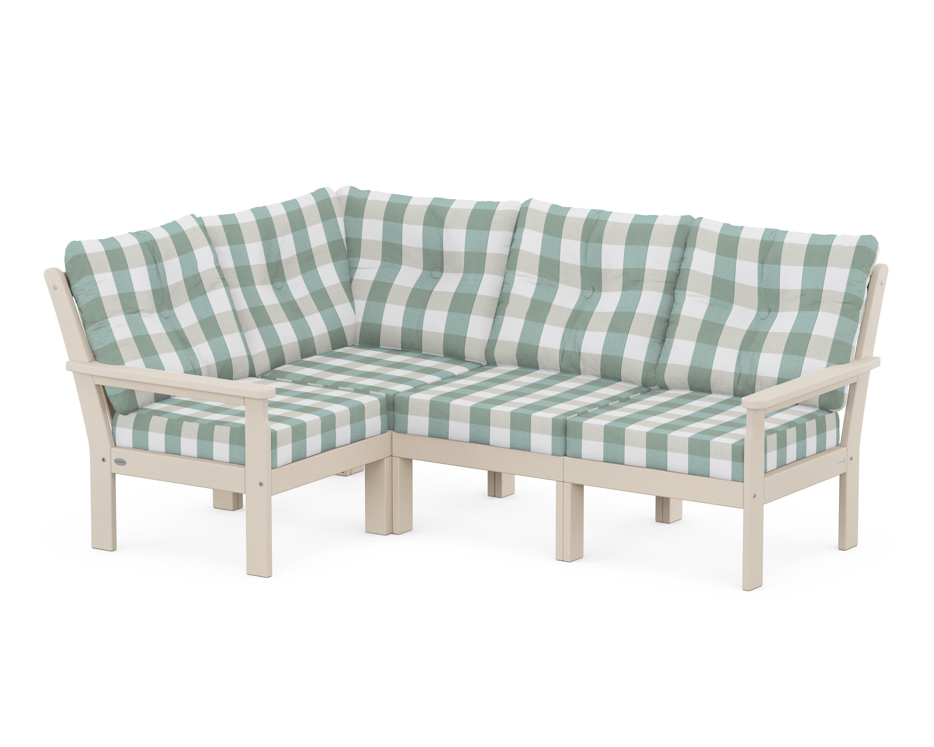 Vineyard 4-Piece Sectional in Sand / Buffalo Plaid Glacier Spa