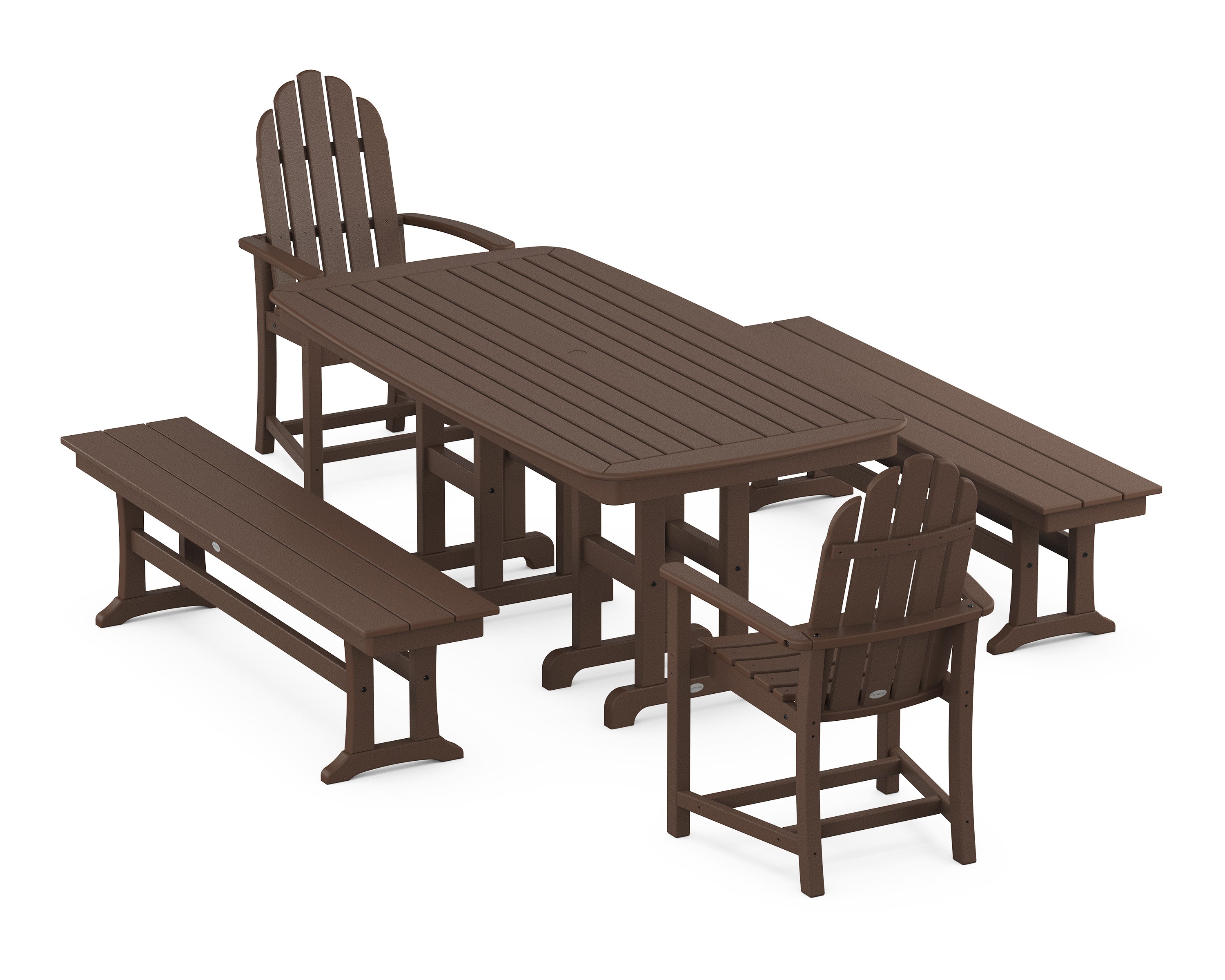 Classic Adirondack 5-Piece Dining Set with Benches in Mahogany