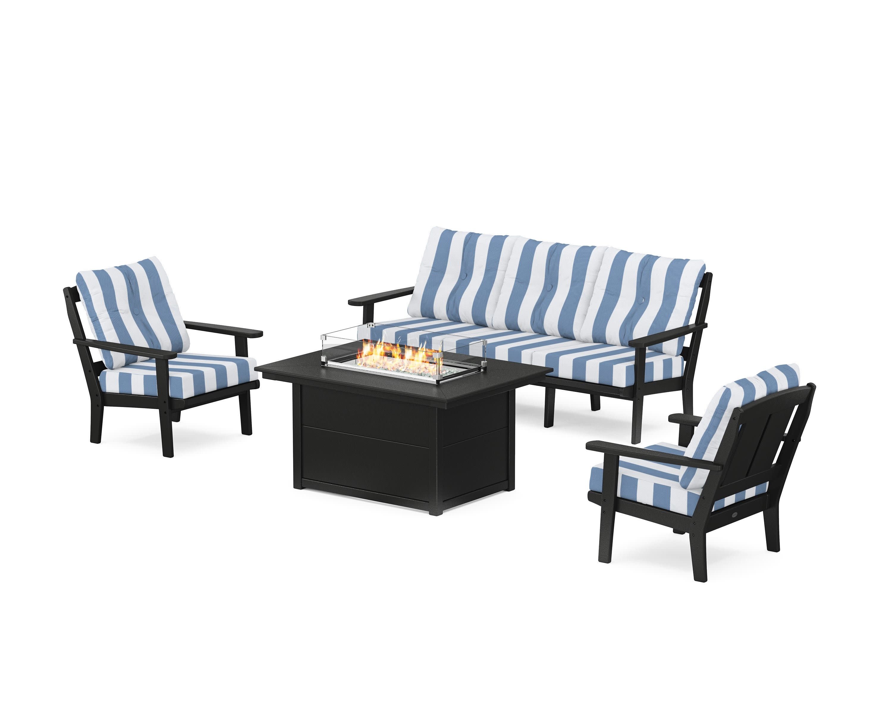 Mission Deep Seating Fire Pit Table Set in Black / Cabana Stripe Sky Blue