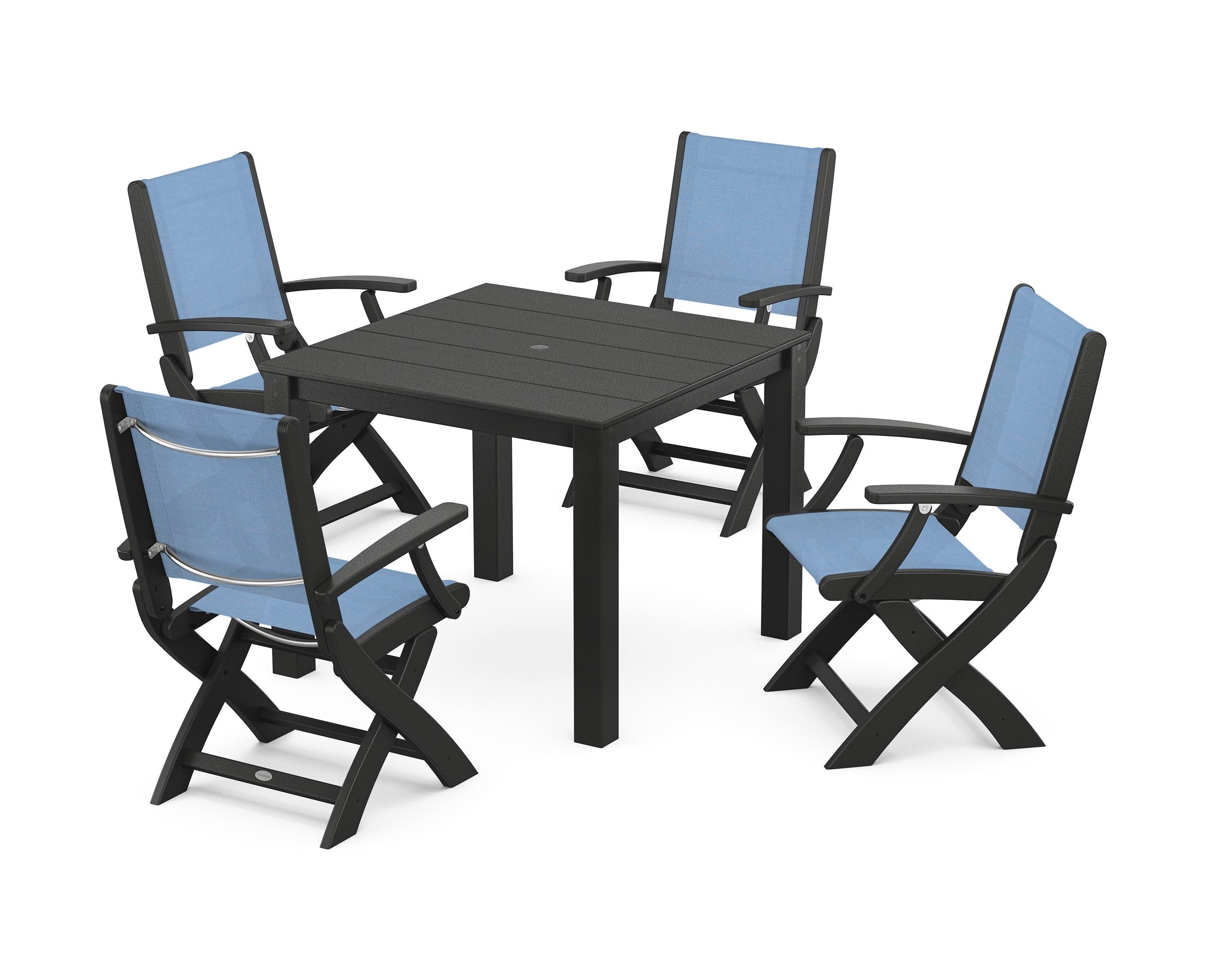 Coastal Folding Chair 5-Piece Parsons Dining Set in Black / Poolside Sling