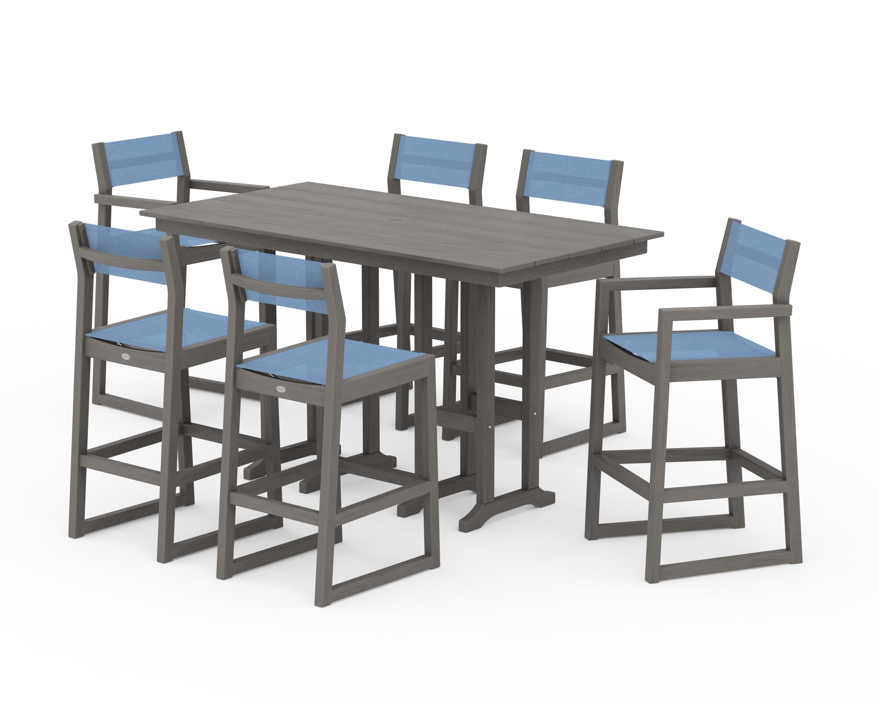 EDGE Sling 7-Piece Farmhouse Bar Set in Driftwood / Poolside Sling