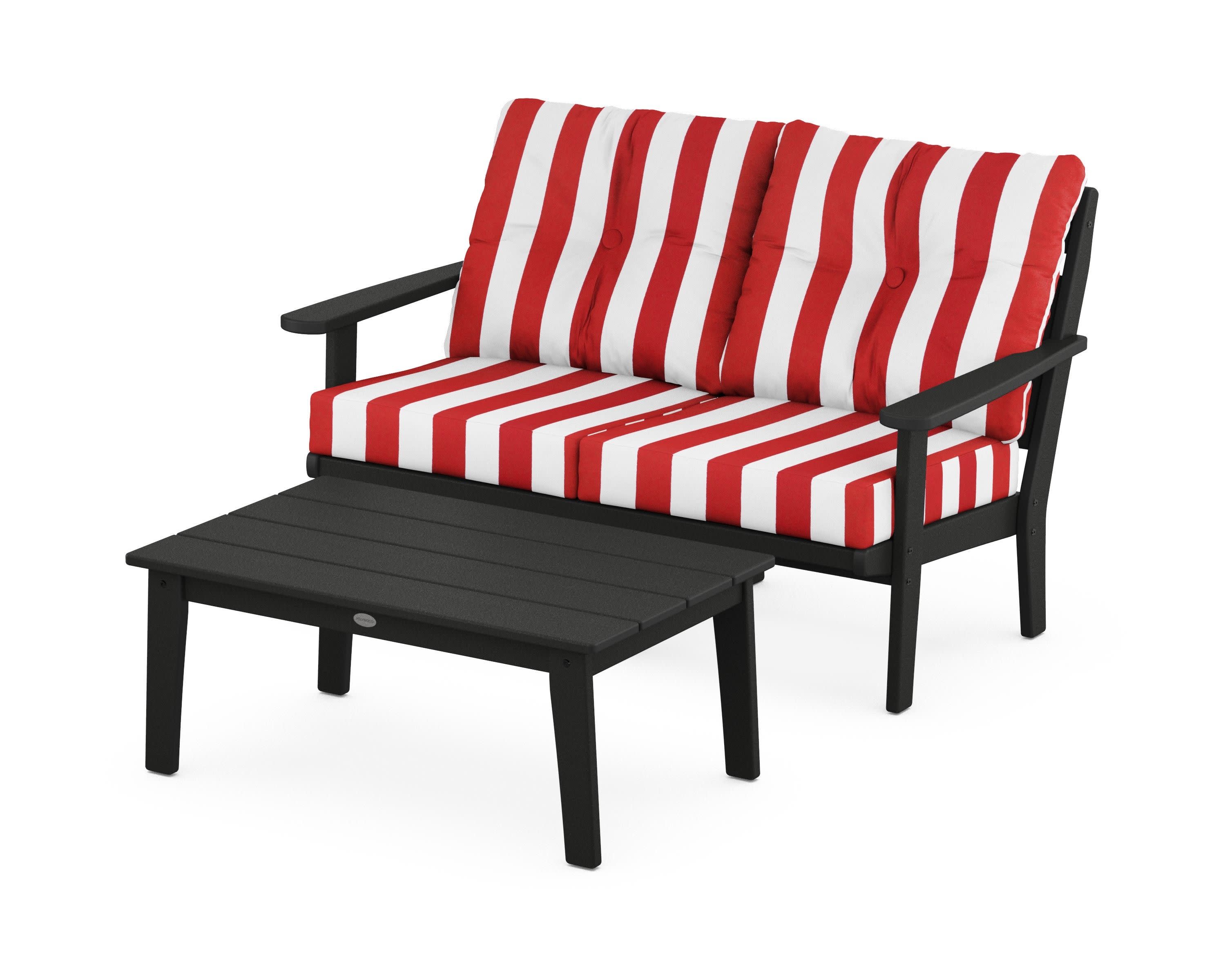 Lakeside 2-Piece Lounge Loveseat Set in Black / Cabana Stripe Crimson