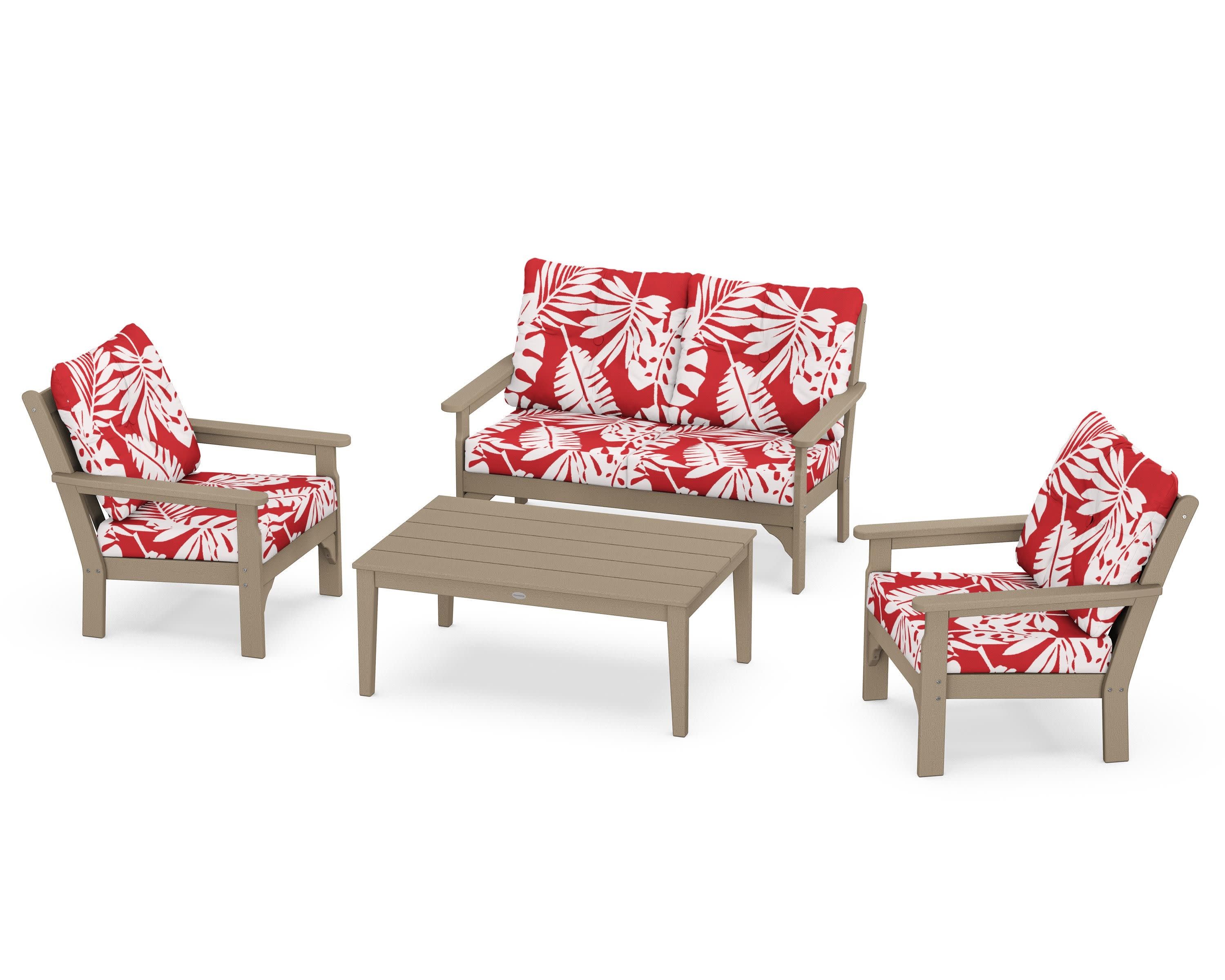 Vineyard 4-Piece Deep Seating Set in Vintage Sahara / Leaf Crimson