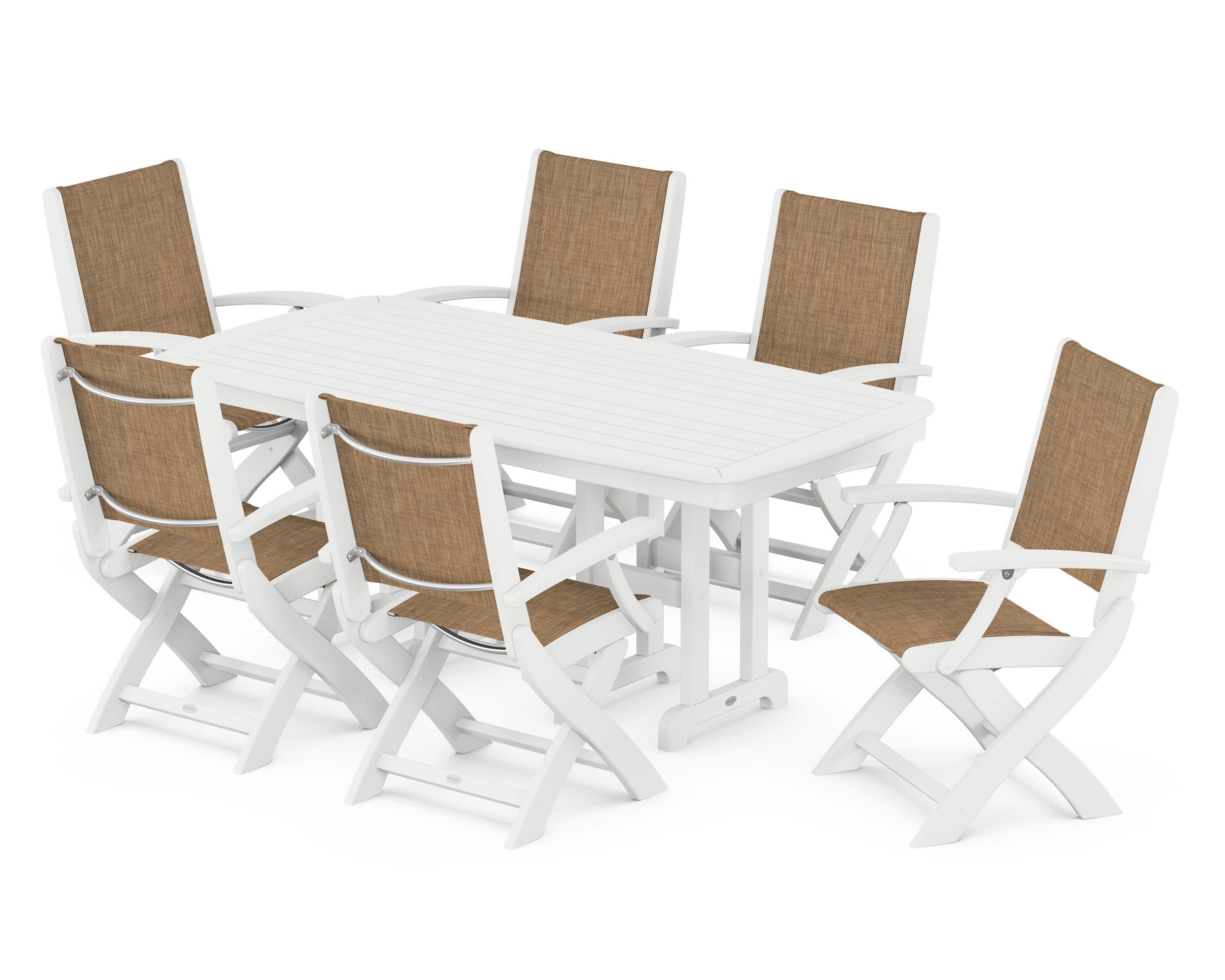 Coastal Folding Arm Chair 7-Piece Dining Set in White / Burlap Sling