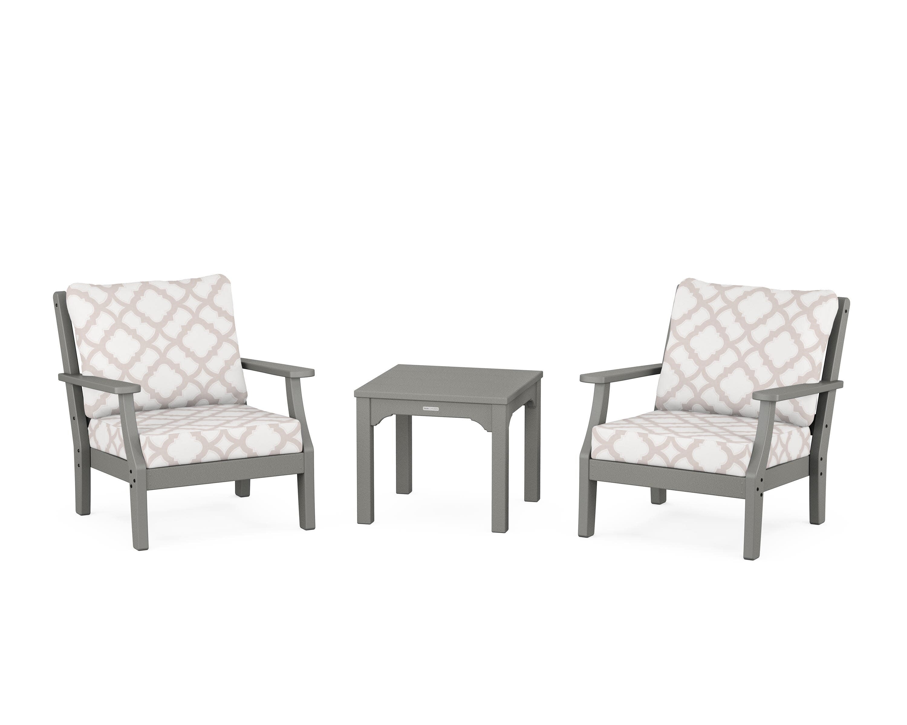 Chinoiserie 3-Piece Deep Seating Set in Slate Grey / Trellis Dune Burlap
