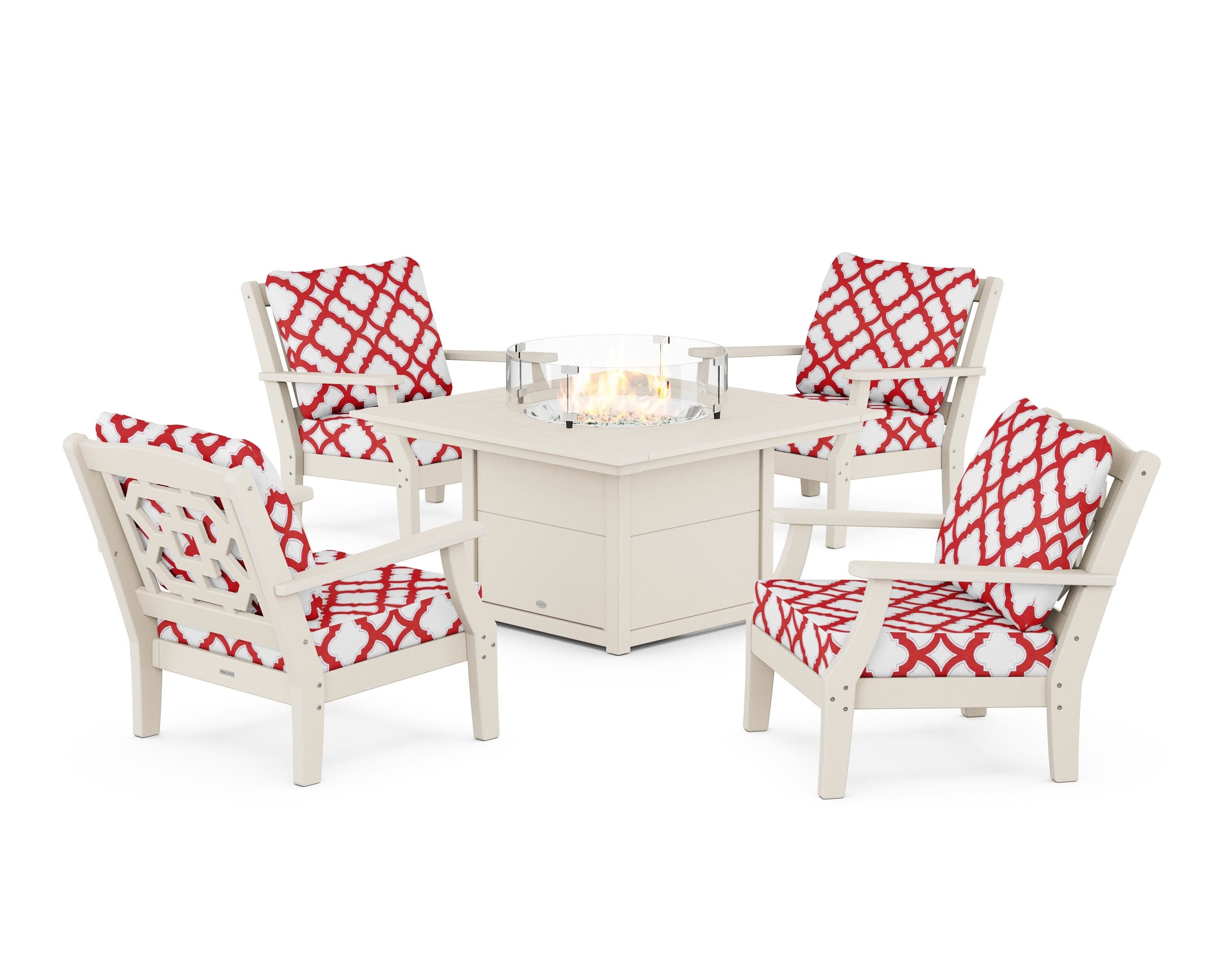 Chinoiserie 5-Piece Deep Seating Set with Fire Pit Table in Sand / Trellis Crimson