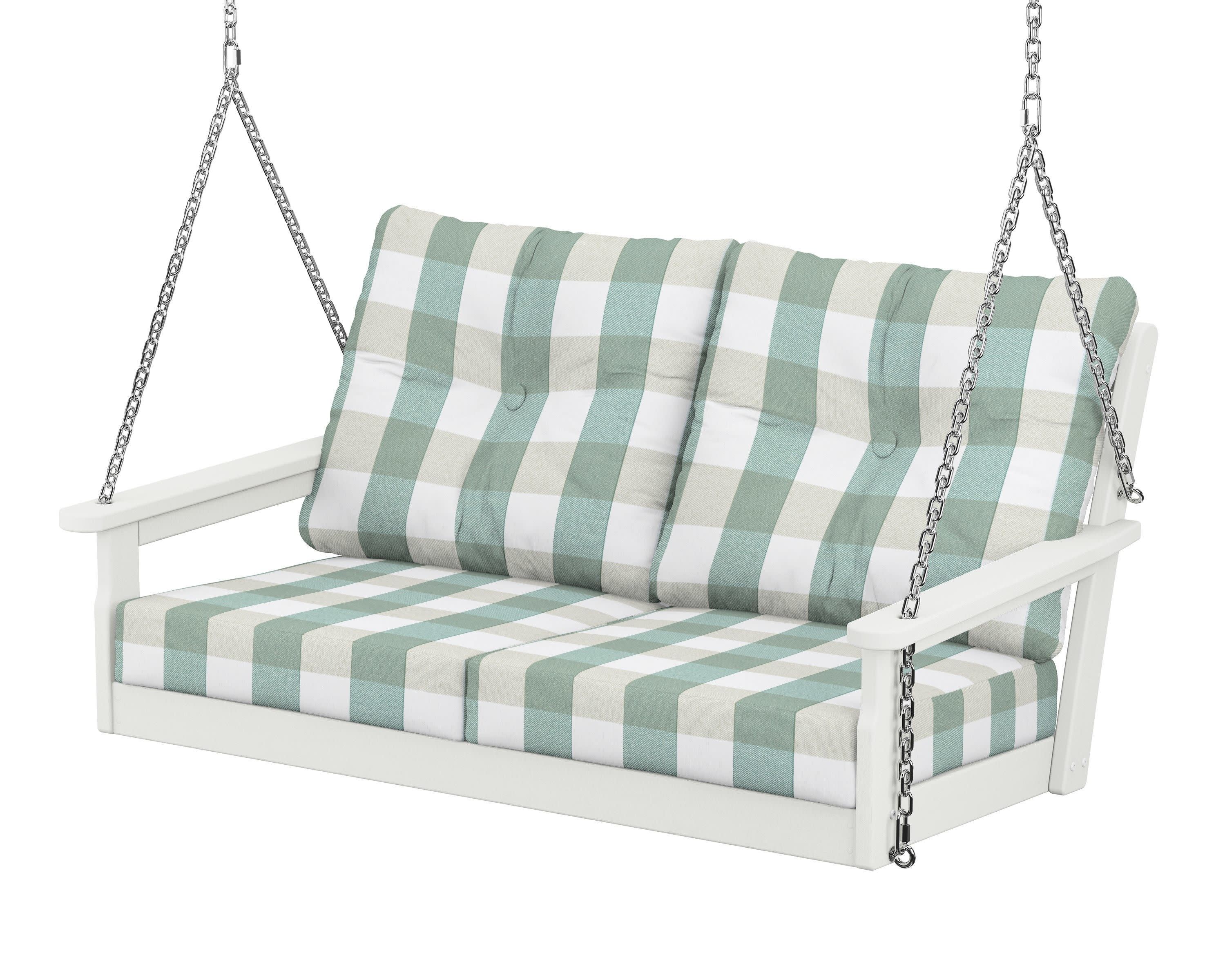 Vineyard Deep Seating Swing in Vintage White / Buffalo Plaid Glacier Spa