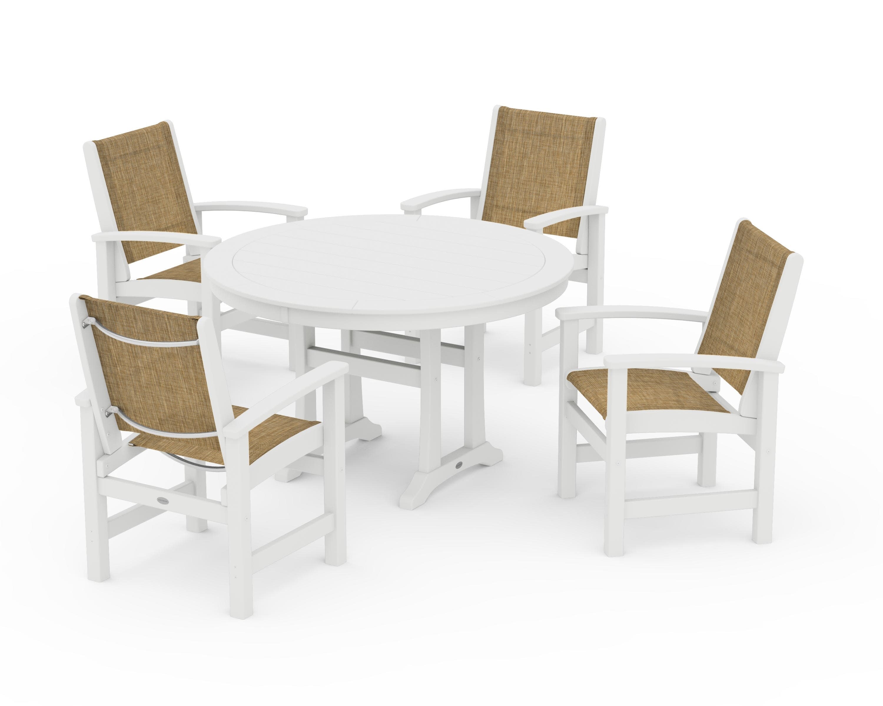 Coastal 5-Piece Round Dining Set with Trestle Legs in White / Burlap Sling