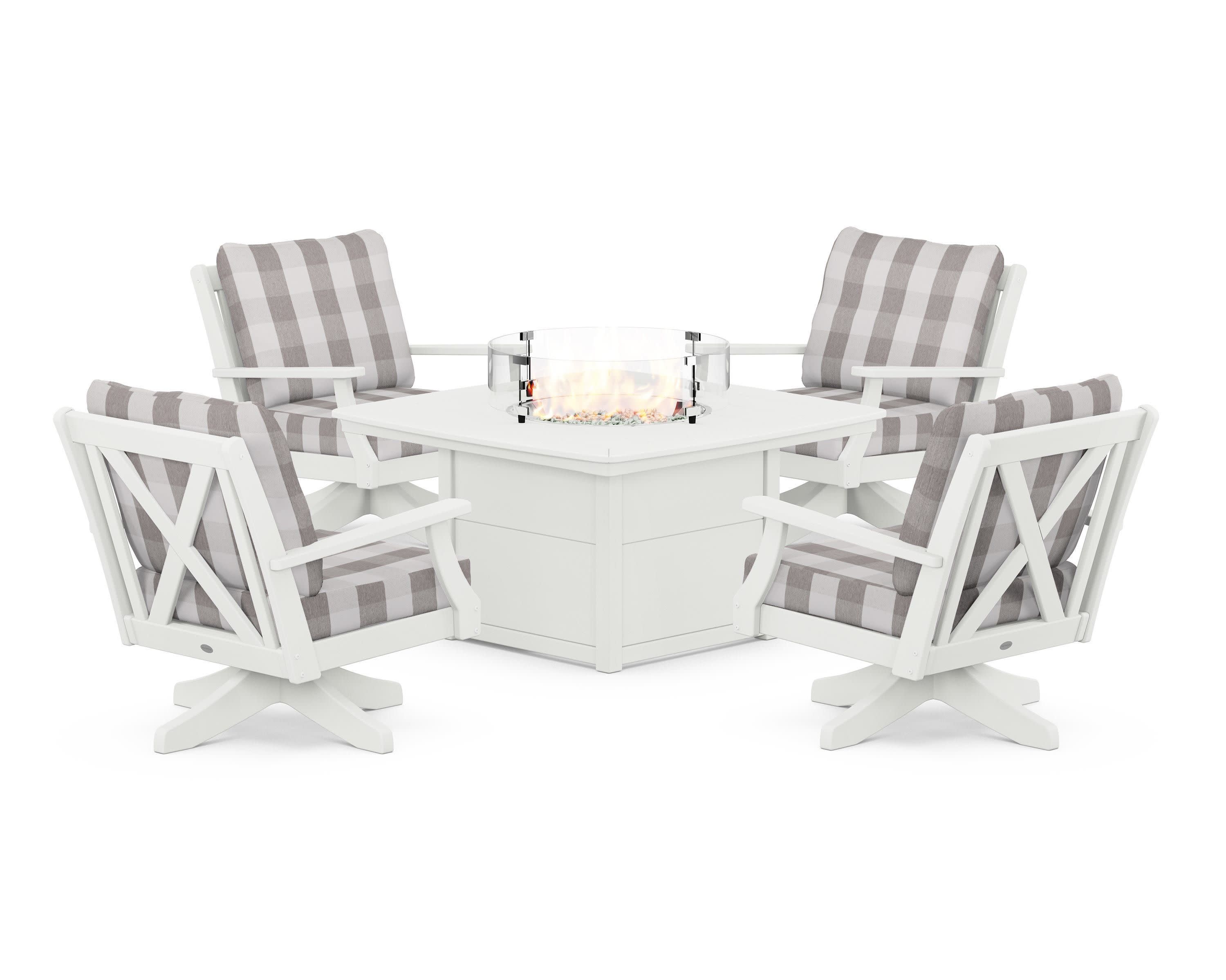 Braxton 5-Piece Deep Seating Swivel Conversation Set with Fire Pit Table in Vintage White / Buffalo Plaid Grey Mist