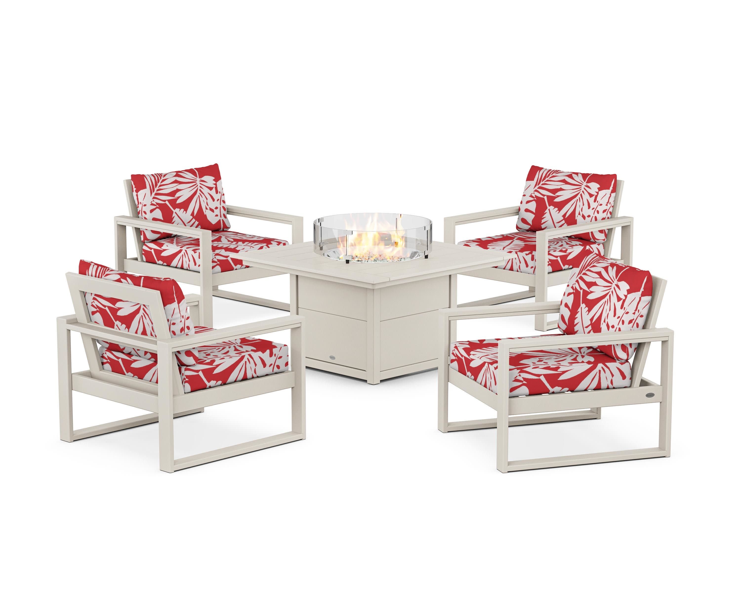 EDGE Sectional 5-Piece Deep Seating Set with Fire Pit Table in Sand / Leaf Crimson