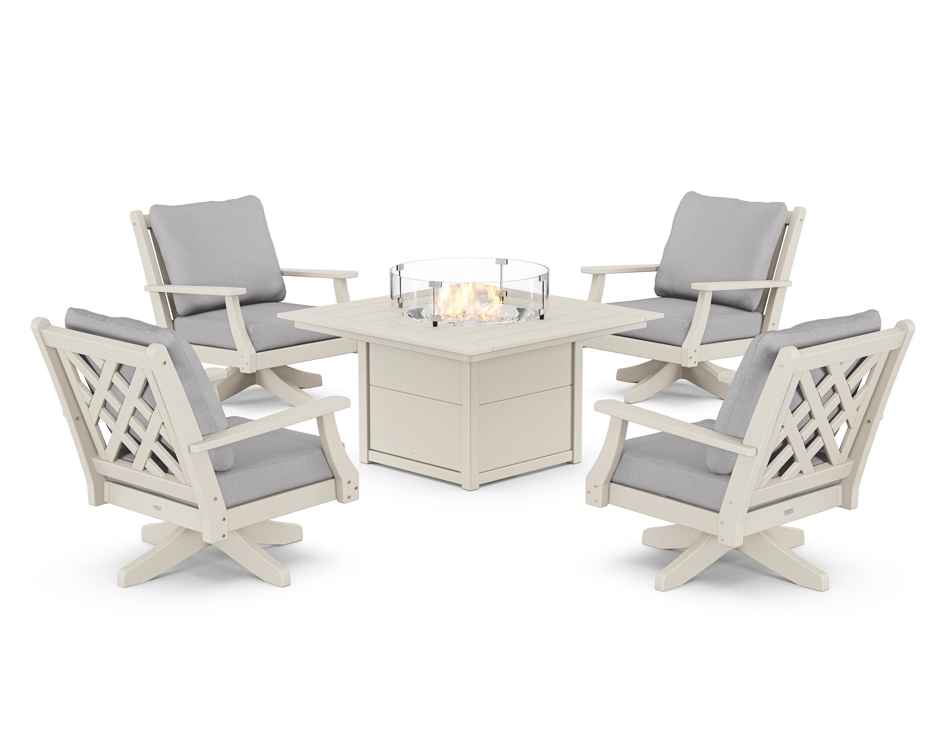 Wovendale 5-Piece Deep Seating Swivel Conversation Set with Fire Pit Table in Sand / Granite