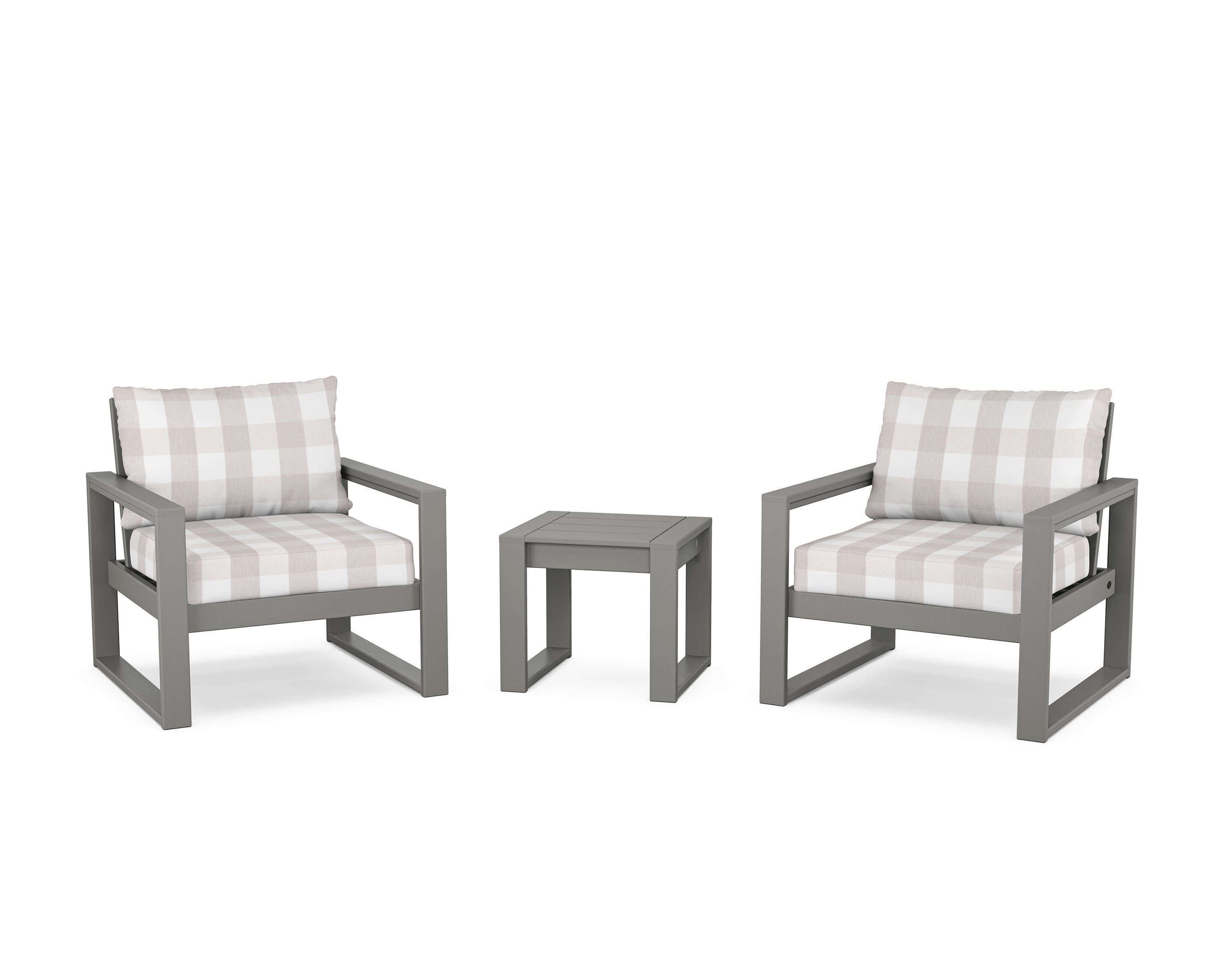 EDGE Sectional 3-Piece Deep Seating Set in Slate Grey / Buffalo Plaid Dune Burlap