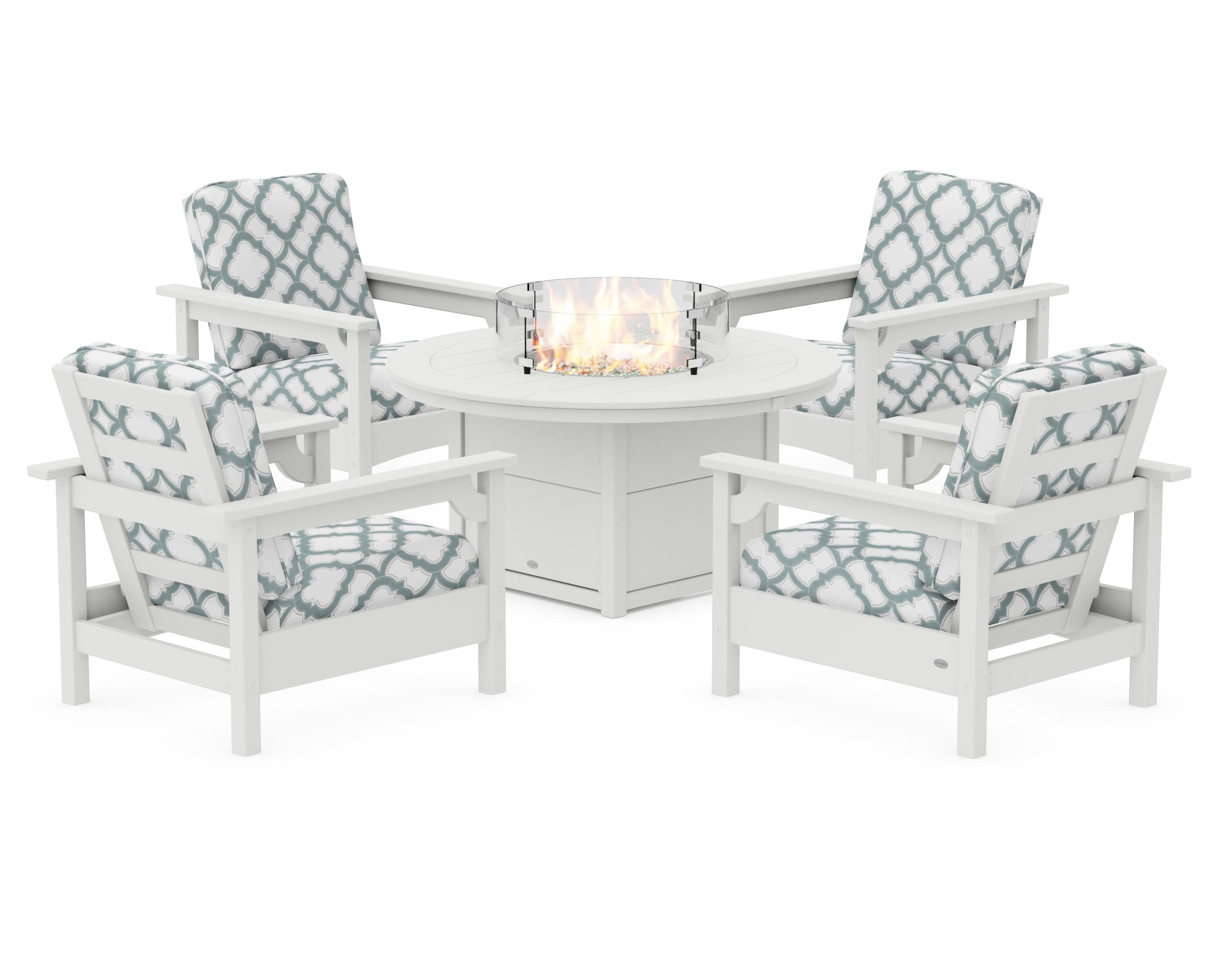 Club 5-Piece Conversation Set with Fire Pit Table in Vintage White / Trellis Glacier Spa