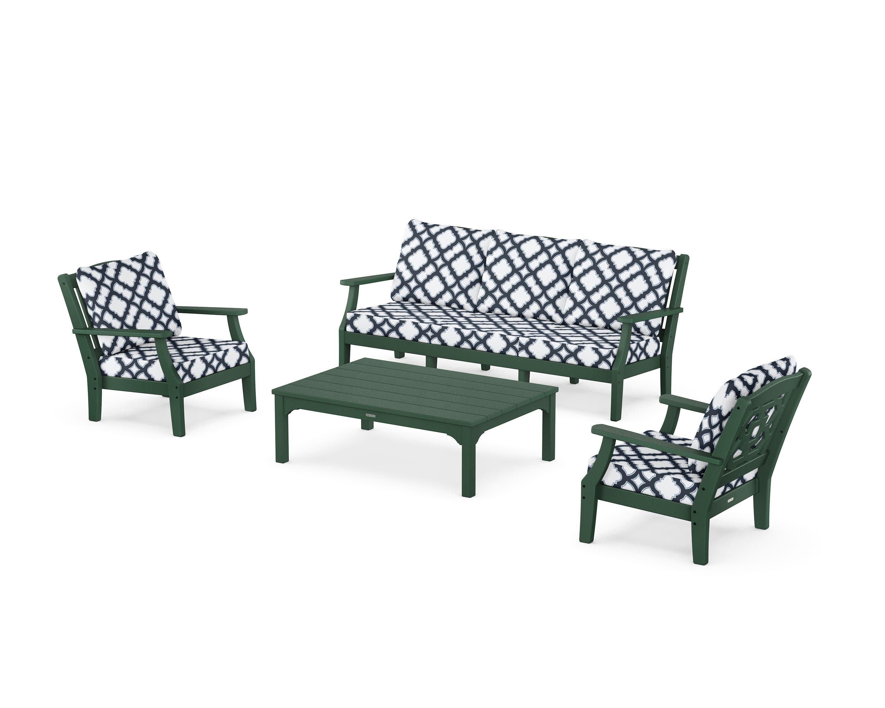 Chinoiserie 4-Piece Deep Seating Set with Sofa in Green / Trellis Marine Indigo
