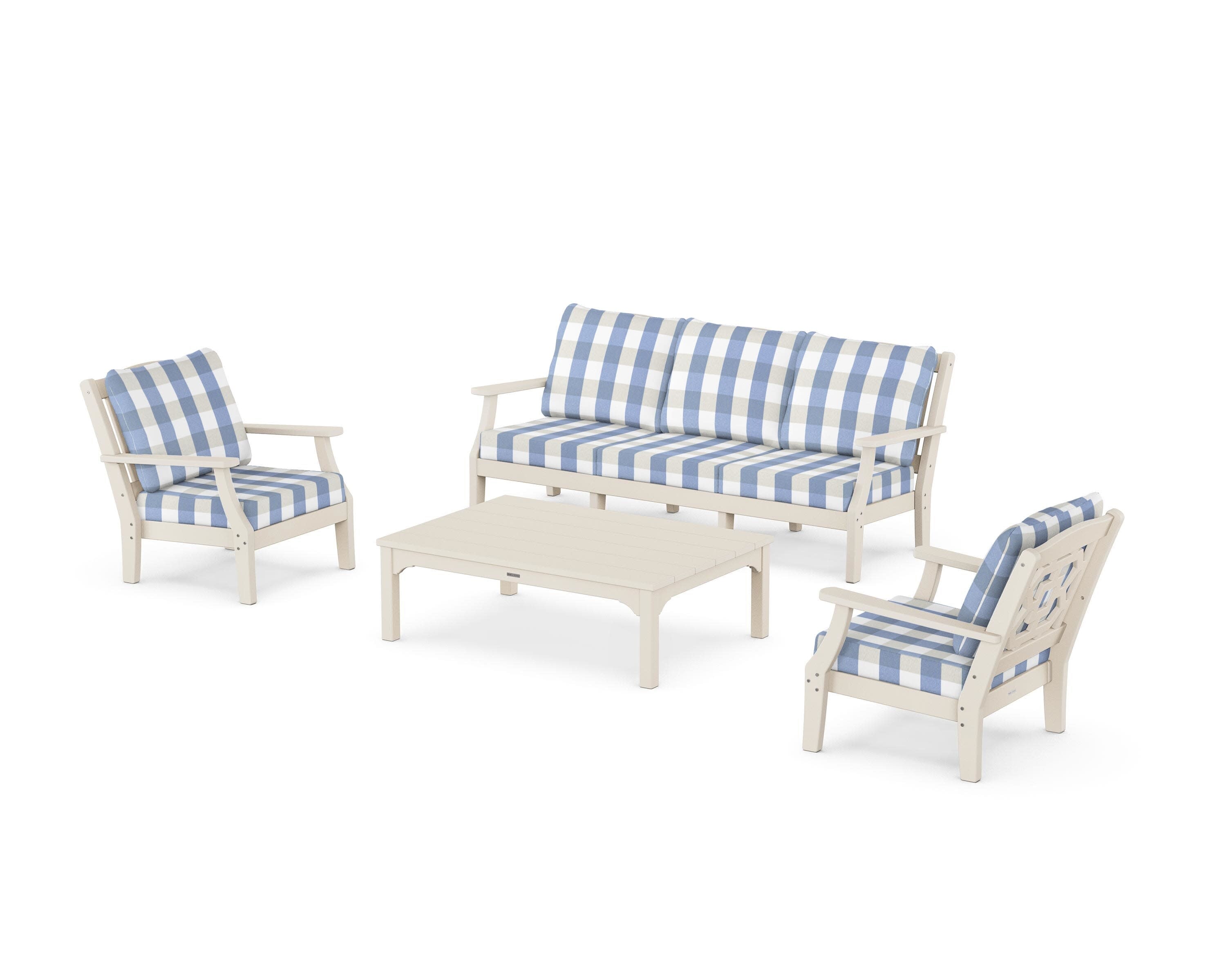 Chinoiserie 4-Piece Deep Seating Set with Sofa in Sand / Buffalo Plaid Sky Blue