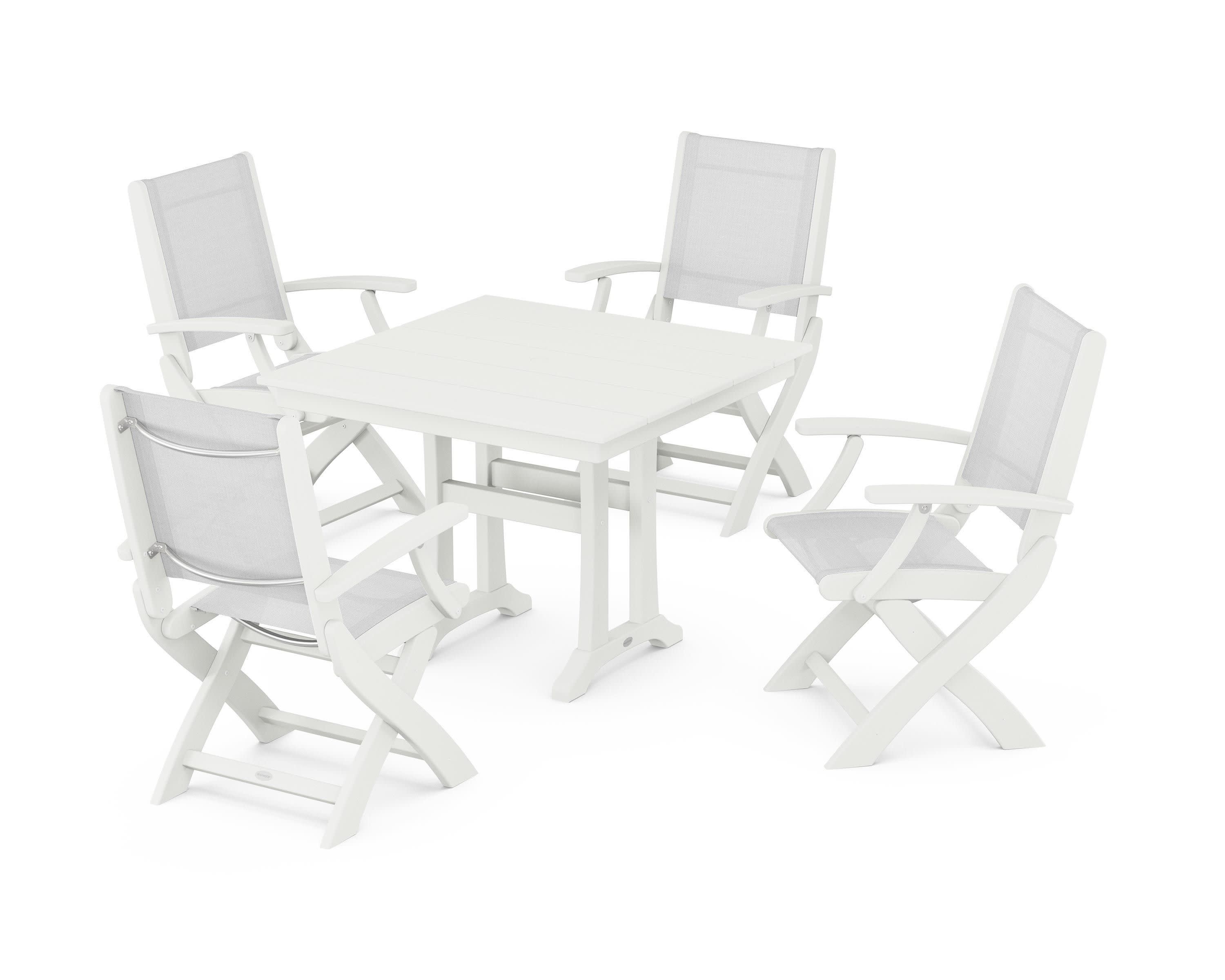Coastal Folding Chair 5-Piece Farmhouse Dining Set With Trestle Legs in Vintage White / White Sling