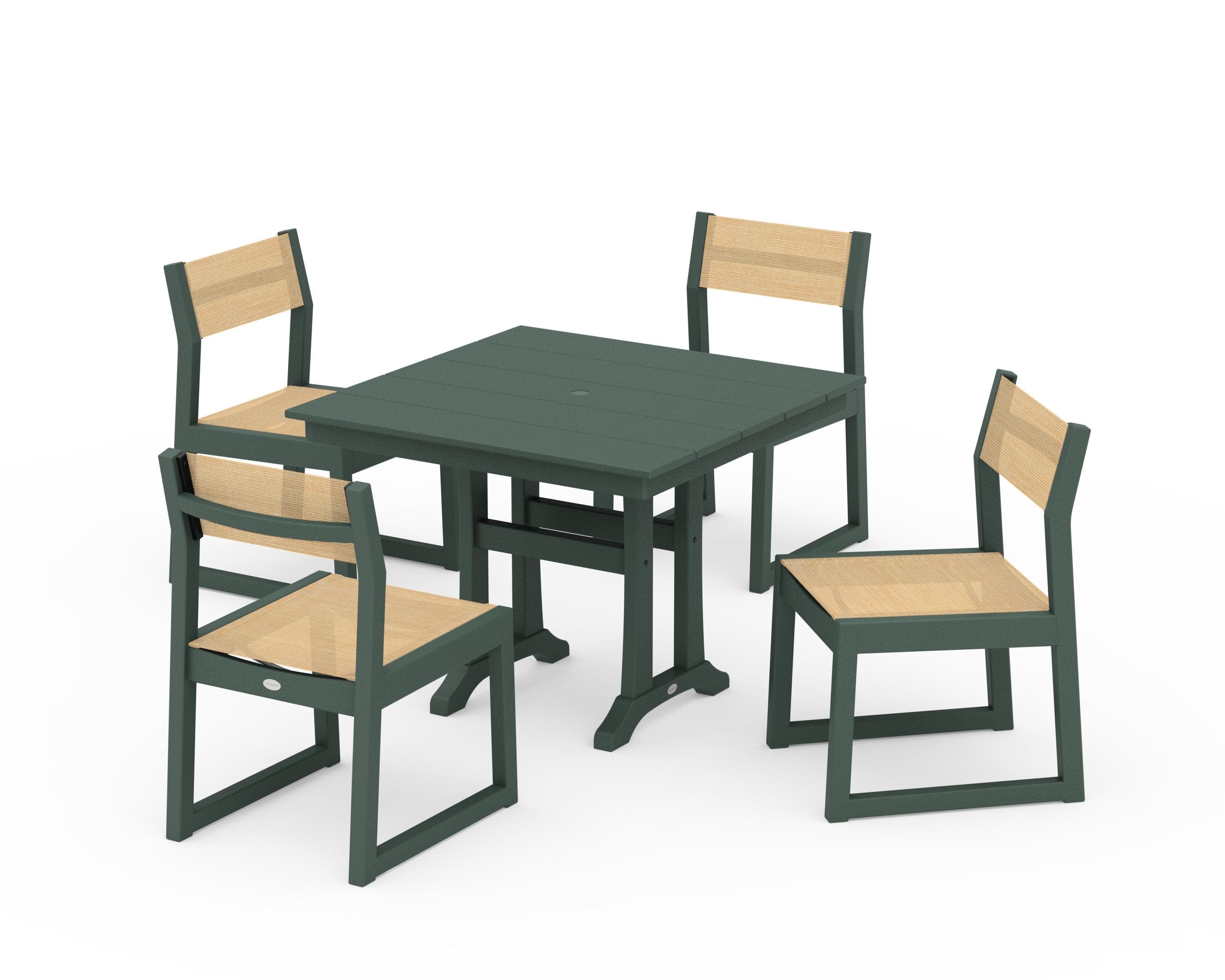 EDGE Sling 5-Piece Farmhouse Trestle Side Chair Dining Set in Green / Dupioni Apricot Sling