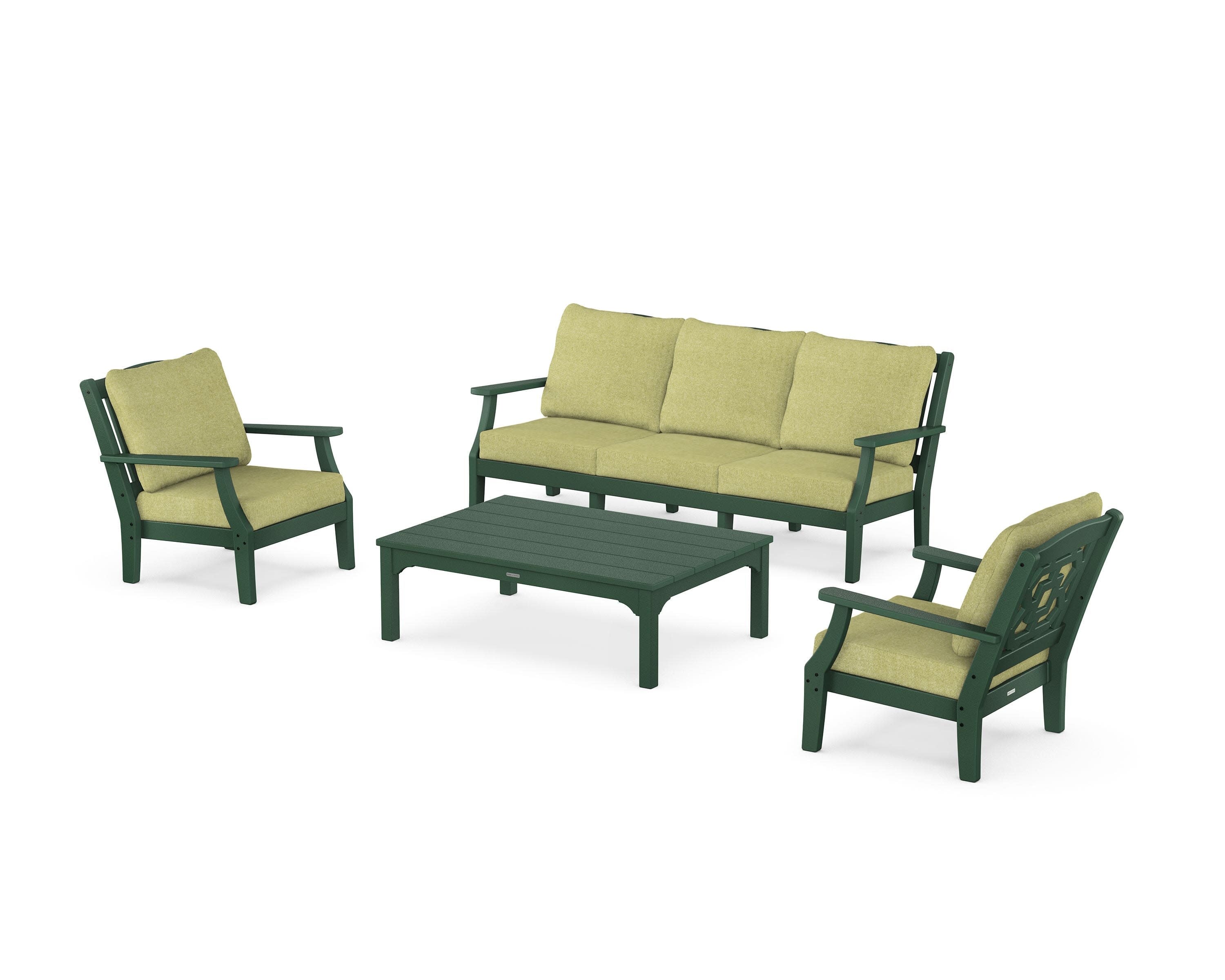 Chinoiserie 4-Piece Deep Seating Set with Sofa in Green / Chartreuse Boucle