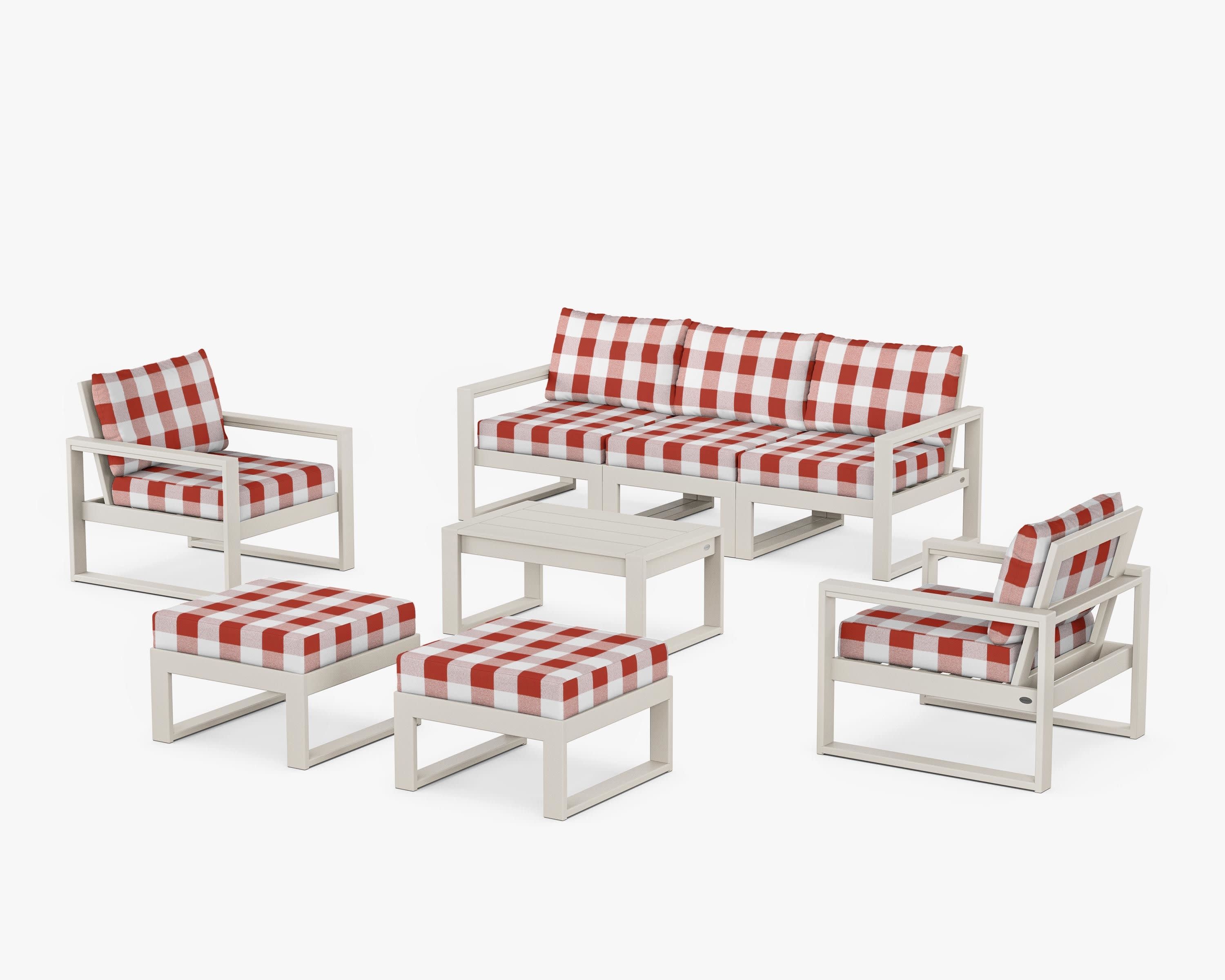 EDGE Sectional 8-Piece Lounge Sofa Set in Sand / Buffalo Plaid Crimson