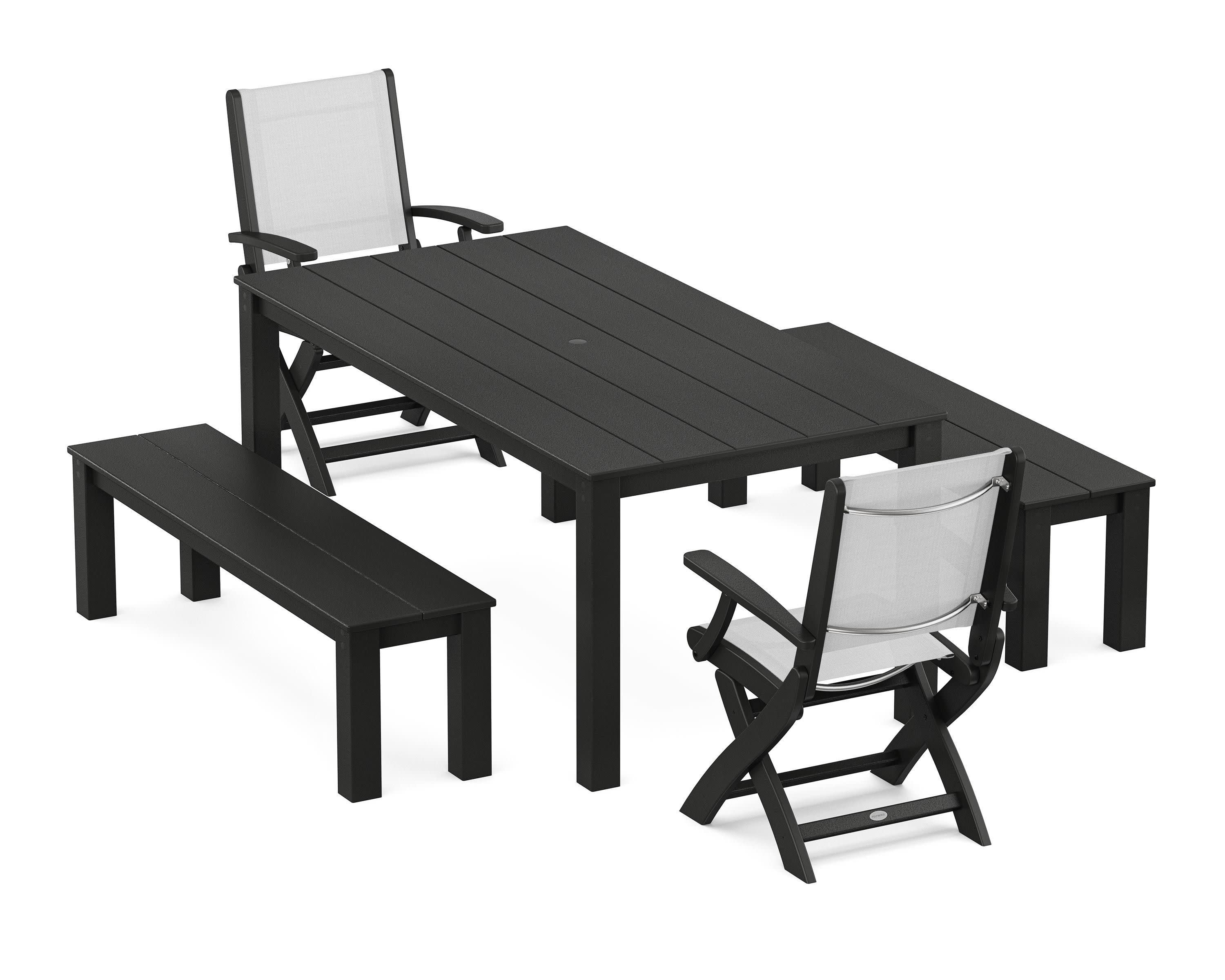 Coastal Folding Chair 5-Piece Parsons Dining Set with Benches in Black / White Sling