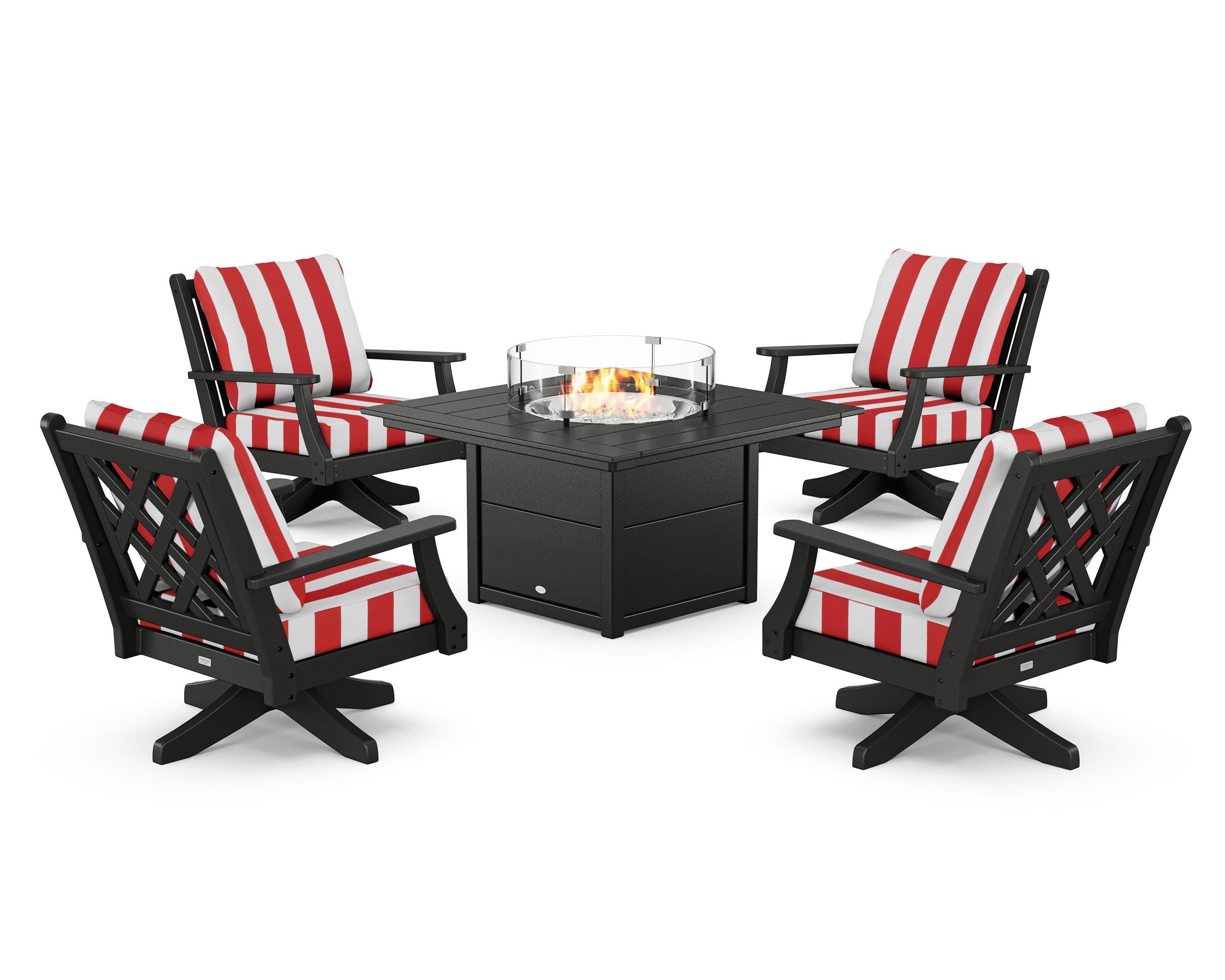 Wovendale 5-Piece Deep Seating Swivel Conversation Set with Fire Pit Table in Black / Cabana Stripe Crimson