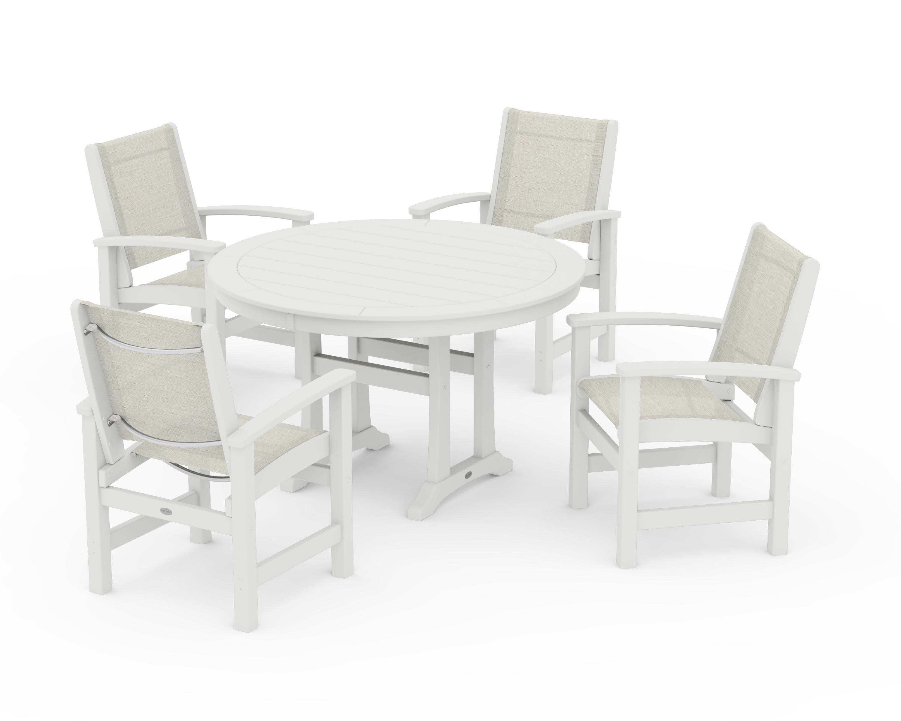 Coastal 5-Piece Round Dining Set with Trestle Legs in Vintage White / Parchment Sling