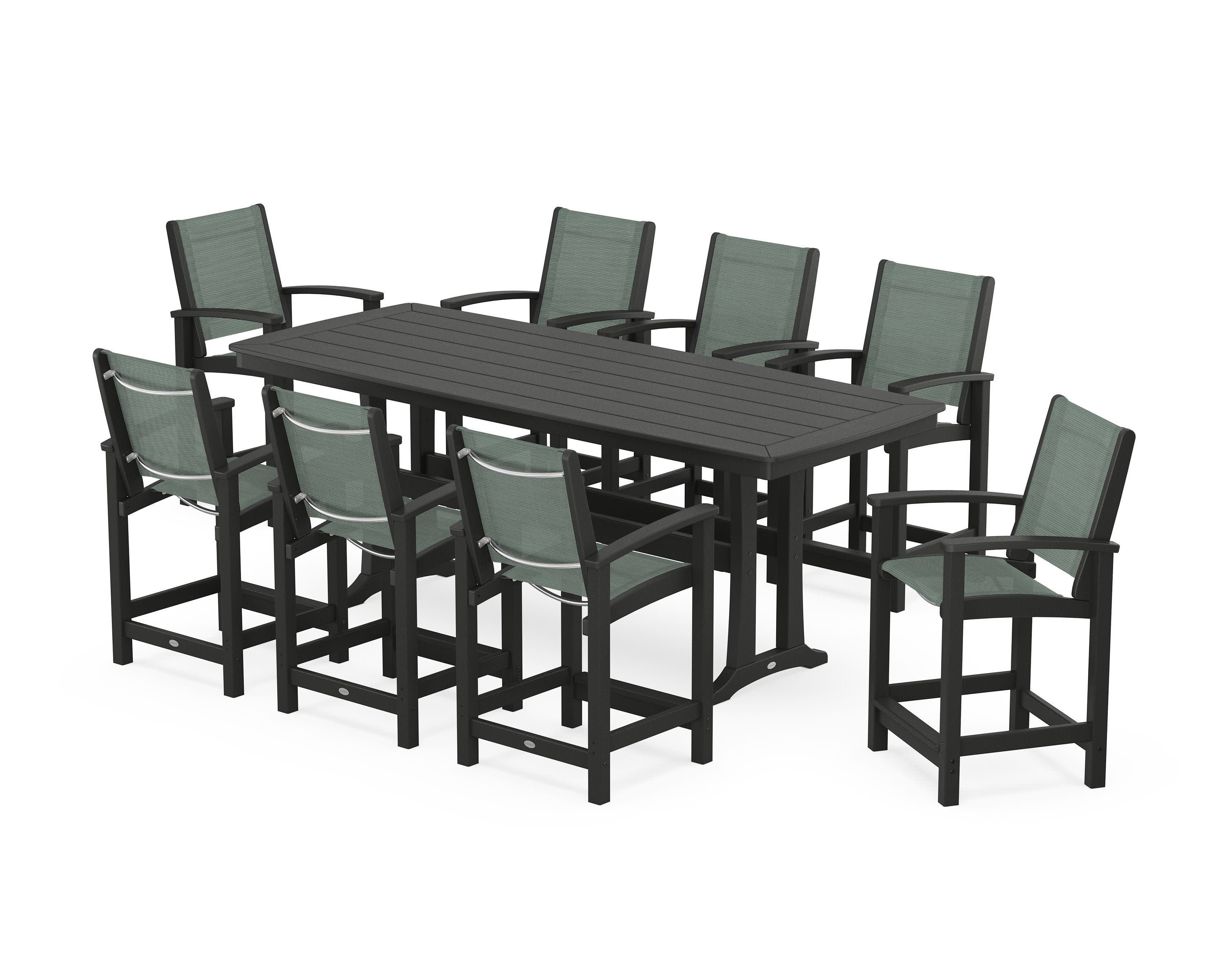 Coastal 9-Piece Counter Set with Trestle Legs in Black / Dupioni Sea Mist Sling