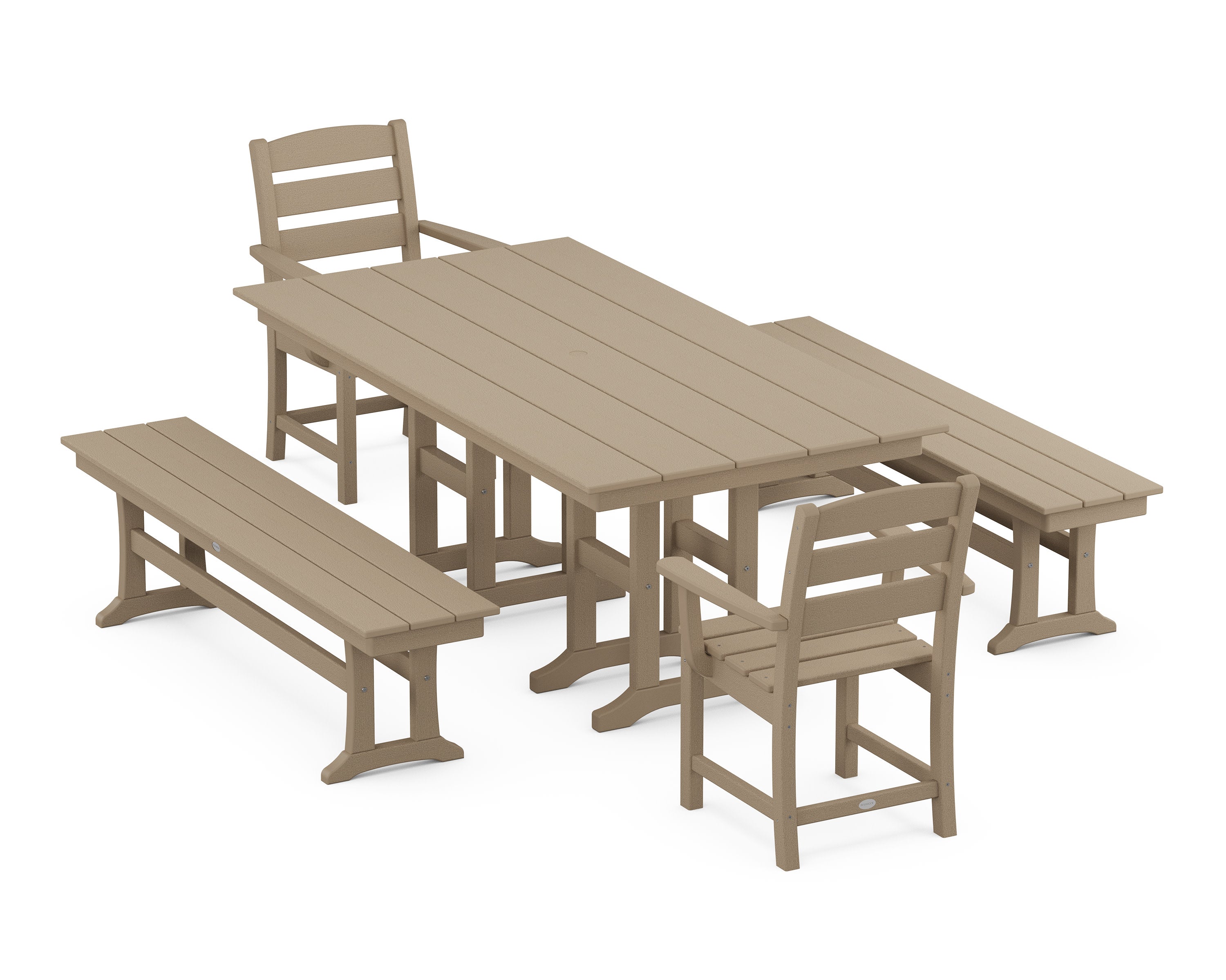 Lakeside 5-Piece Farmhouse Dining Set with Benches in Vintage Sahara