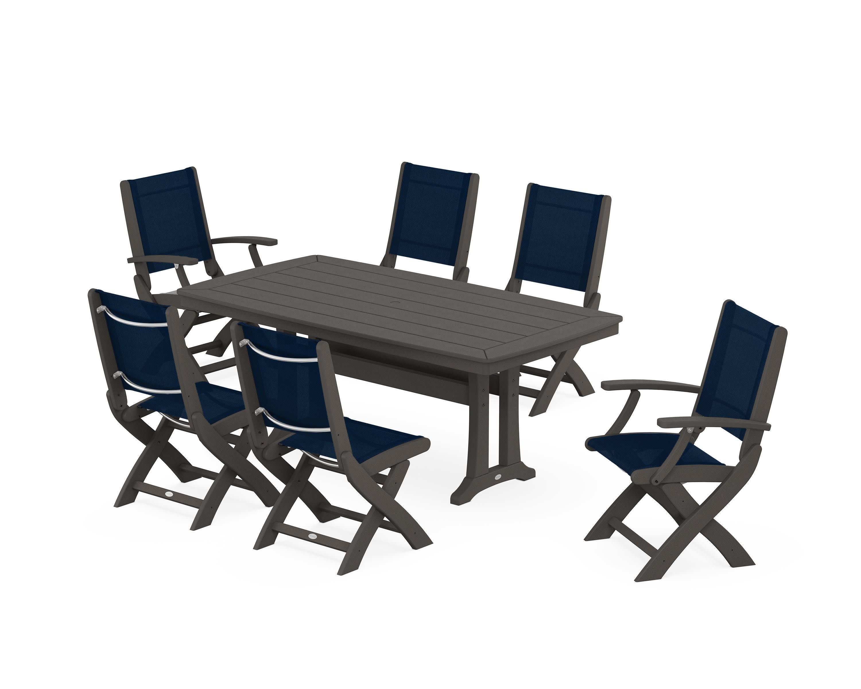 Coastal Folding Chair 7-Piece Dining Set with Trestle Legs in Vintage Coffee / Navy Blue Sling