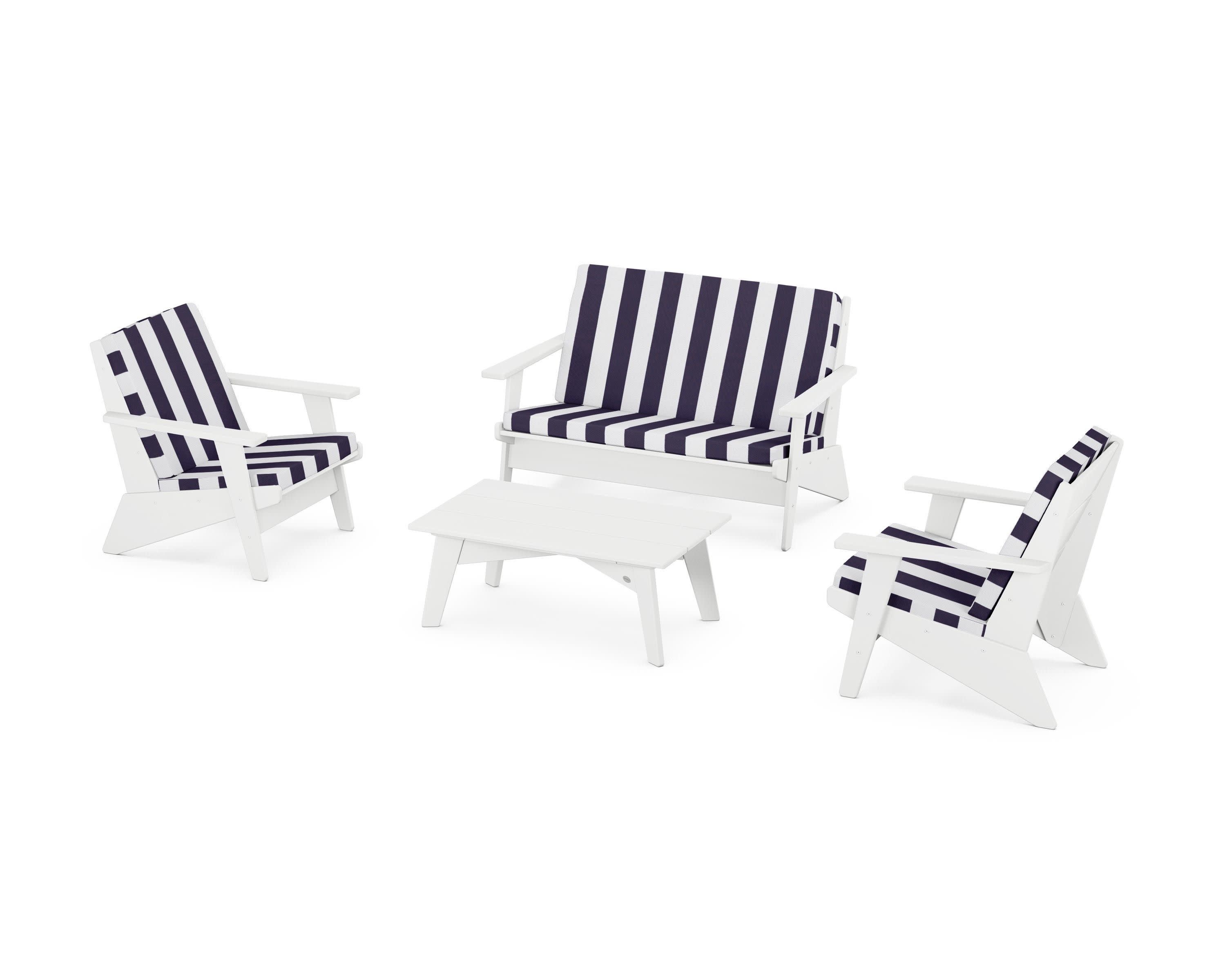 Riviera Modern Lounge 4-Piece Set in White / Cabana Stripe Navy