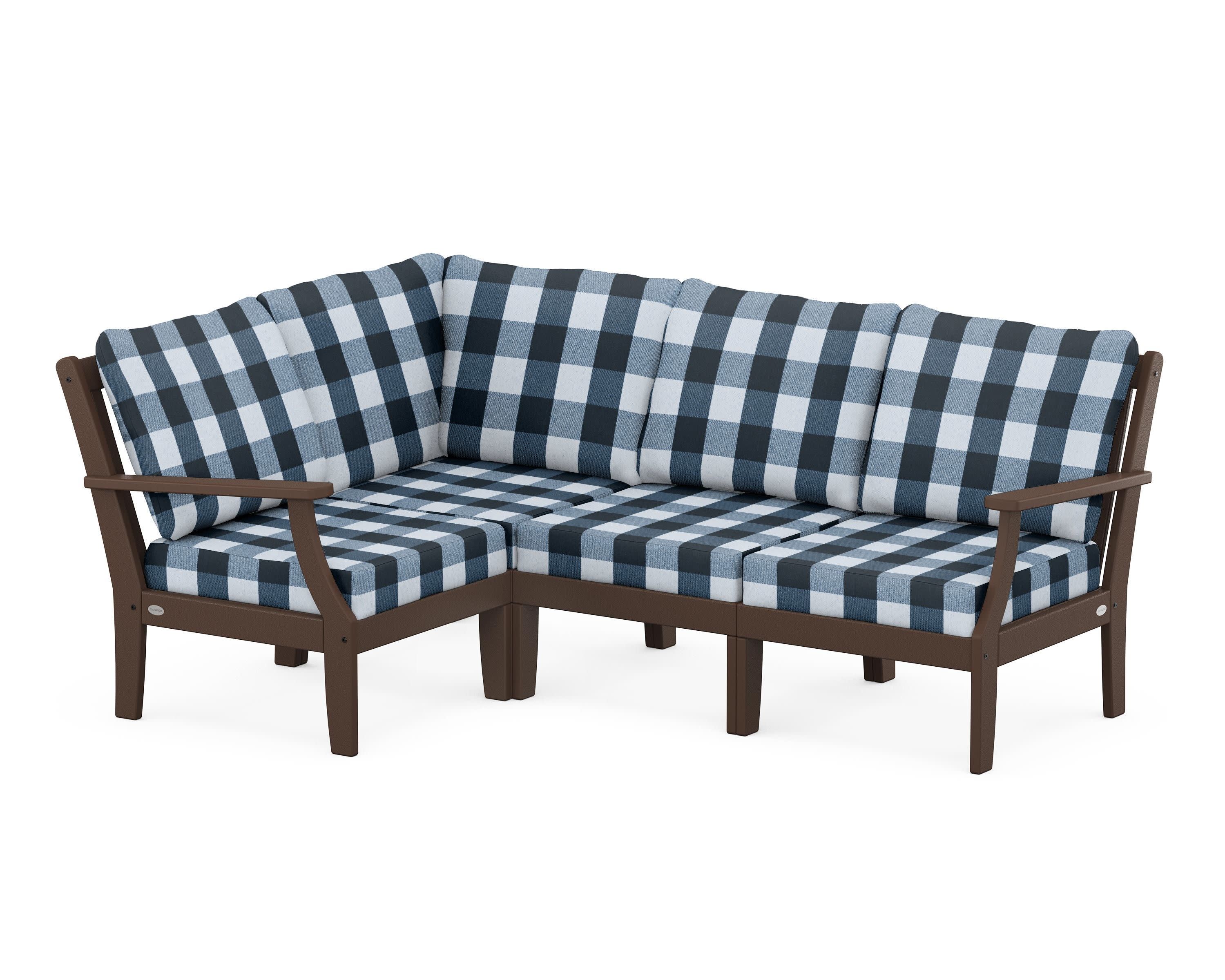 Braxton Modular 4-Piece Deep Seating Set in Mahogany / Buffalo Plaid Marine Indigo