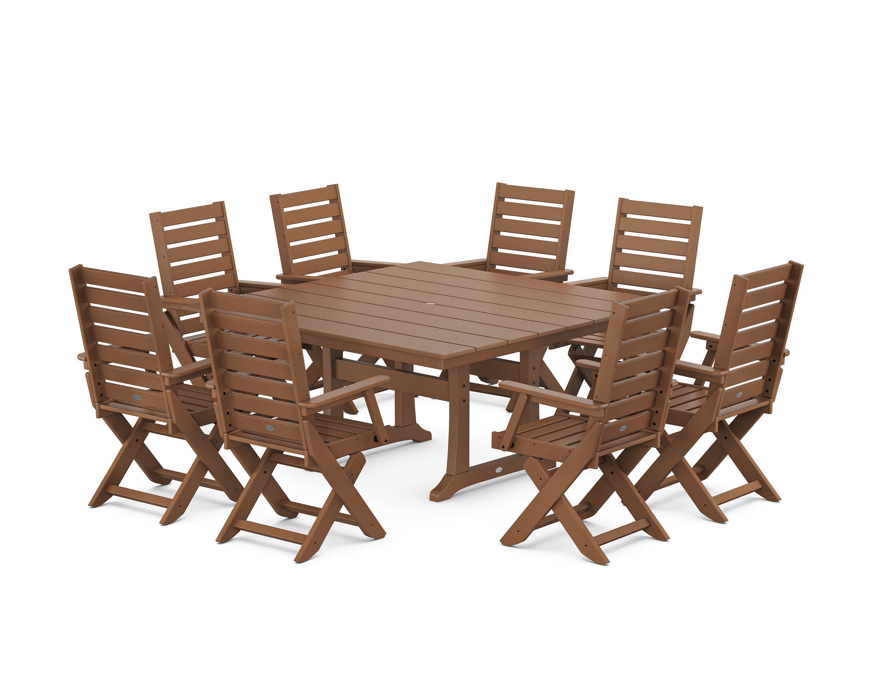 Captain Folding Chair 9-Piece Square Farmhouse Dining Set with Trestle Legs in Teak