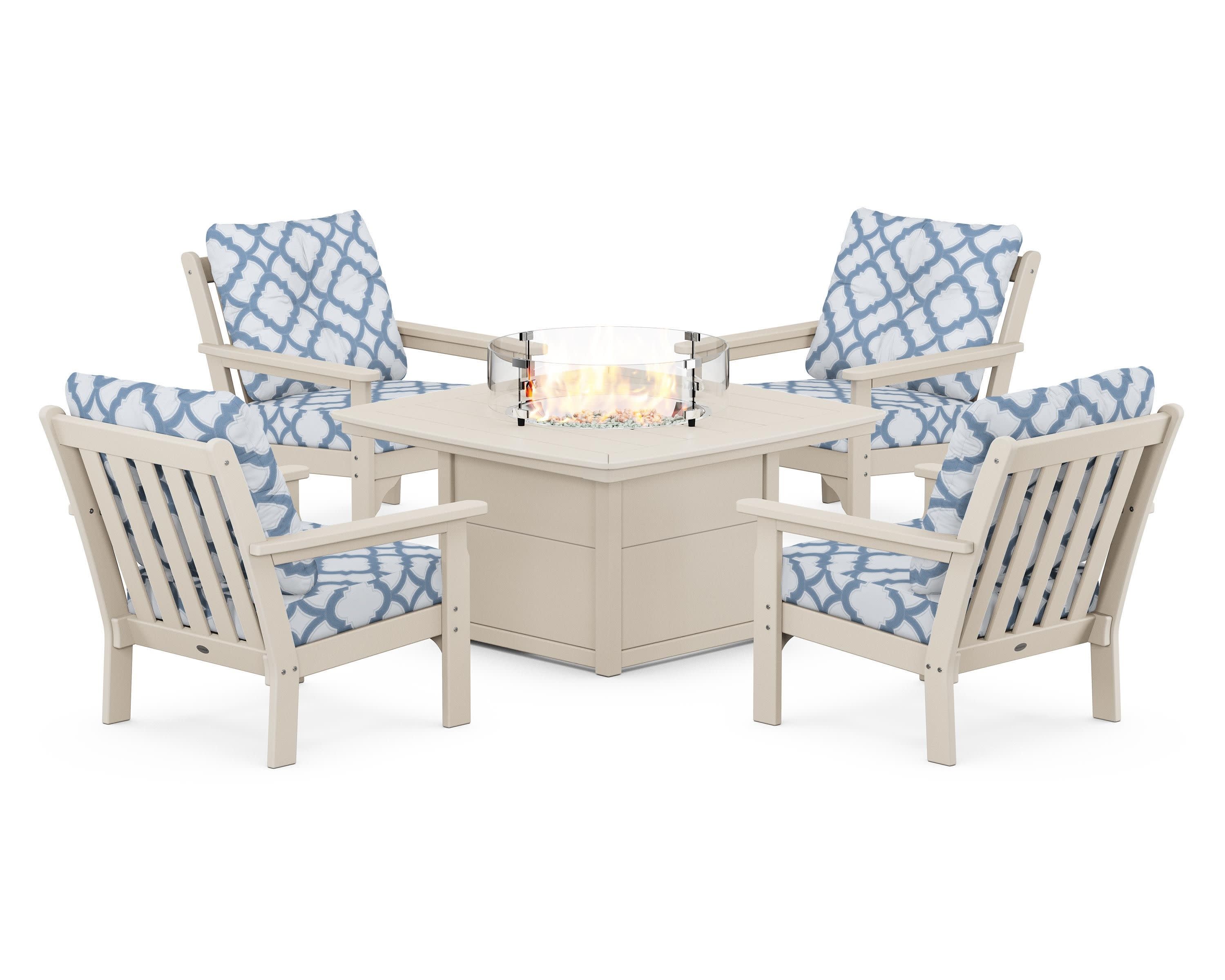 Vineyard 5-Piece Conversation Set with Fire Pit Table in Sand / Trellis Sky Blue