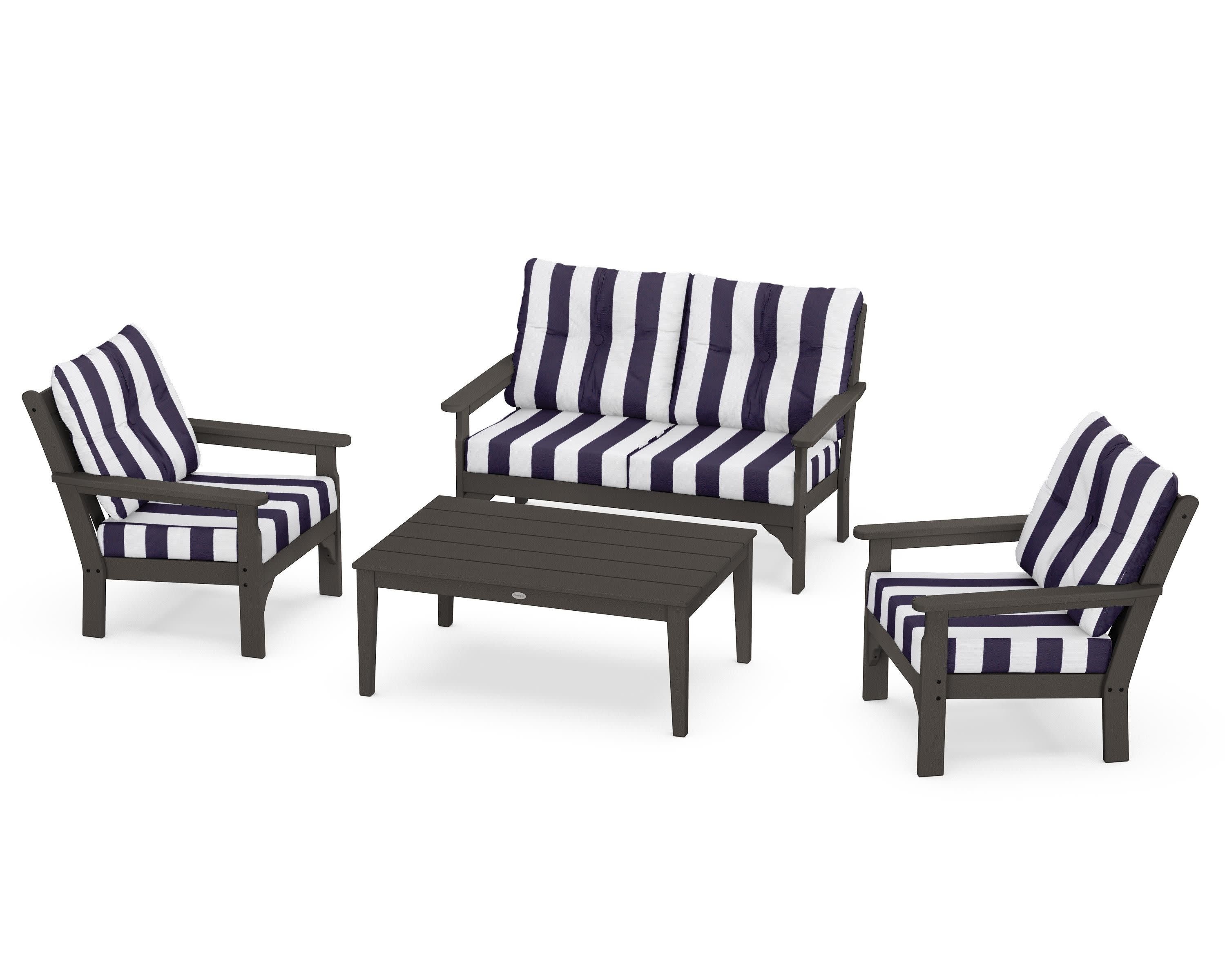 Vineyard 4-Piece Deep Seating Set in Vintage Coffee / Cabana Stripe Navy