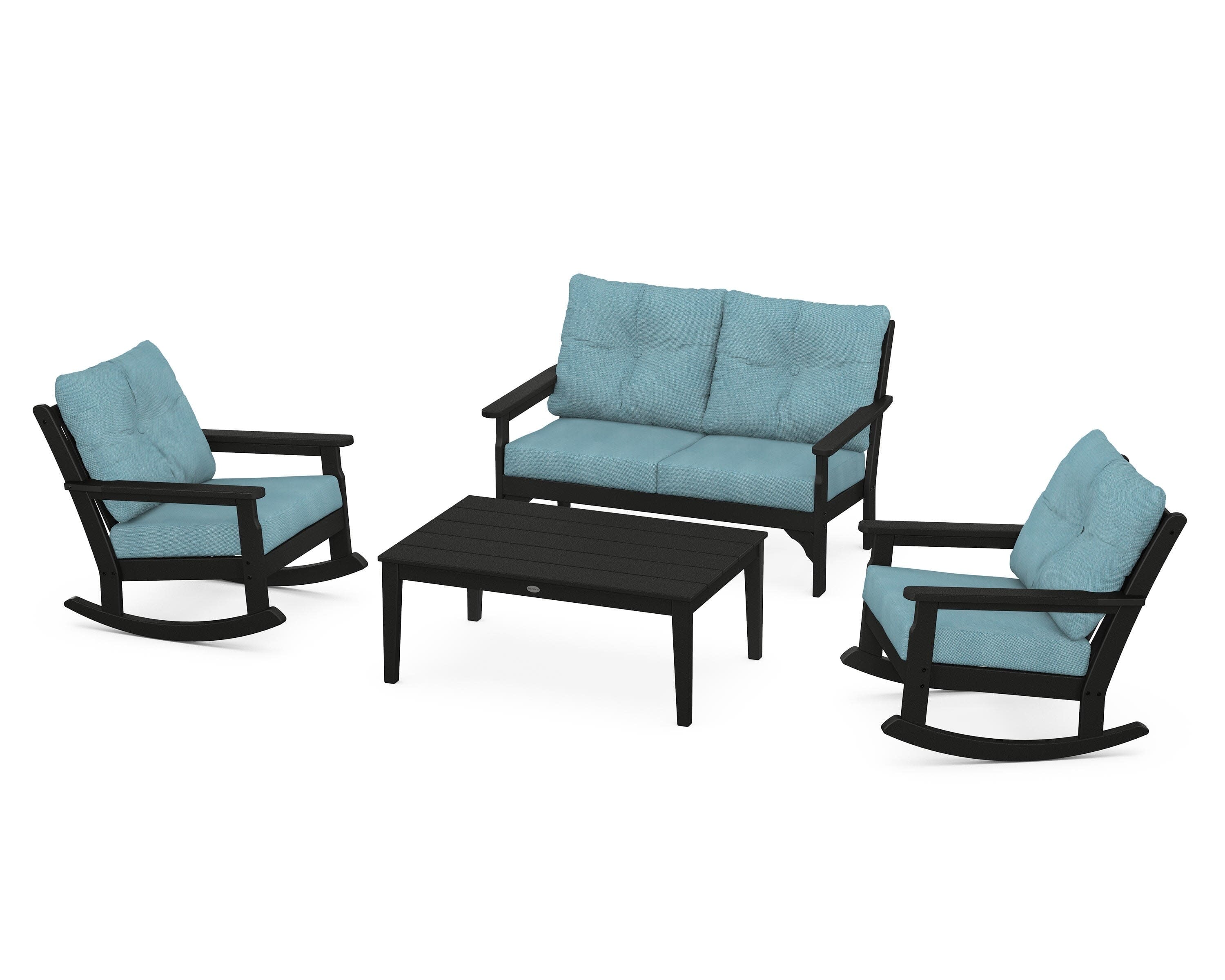 Vineyard 4-Piece Deep Seating Rocking Chair Set in Black / Lattice Sky Blue