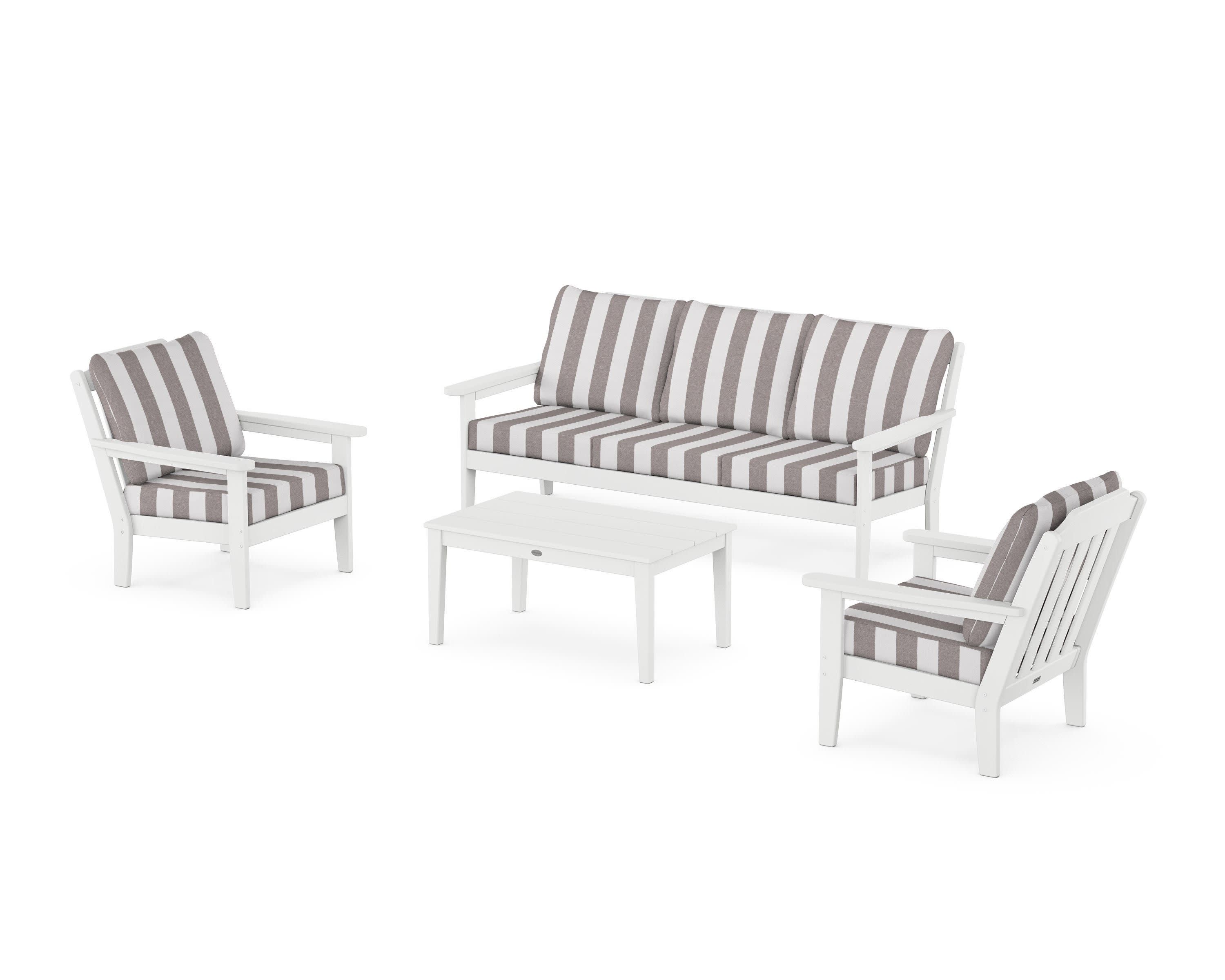 Cottage 4-Piece Deep Seating Set with Sofa in White / Cabana Stripe Grey Mist