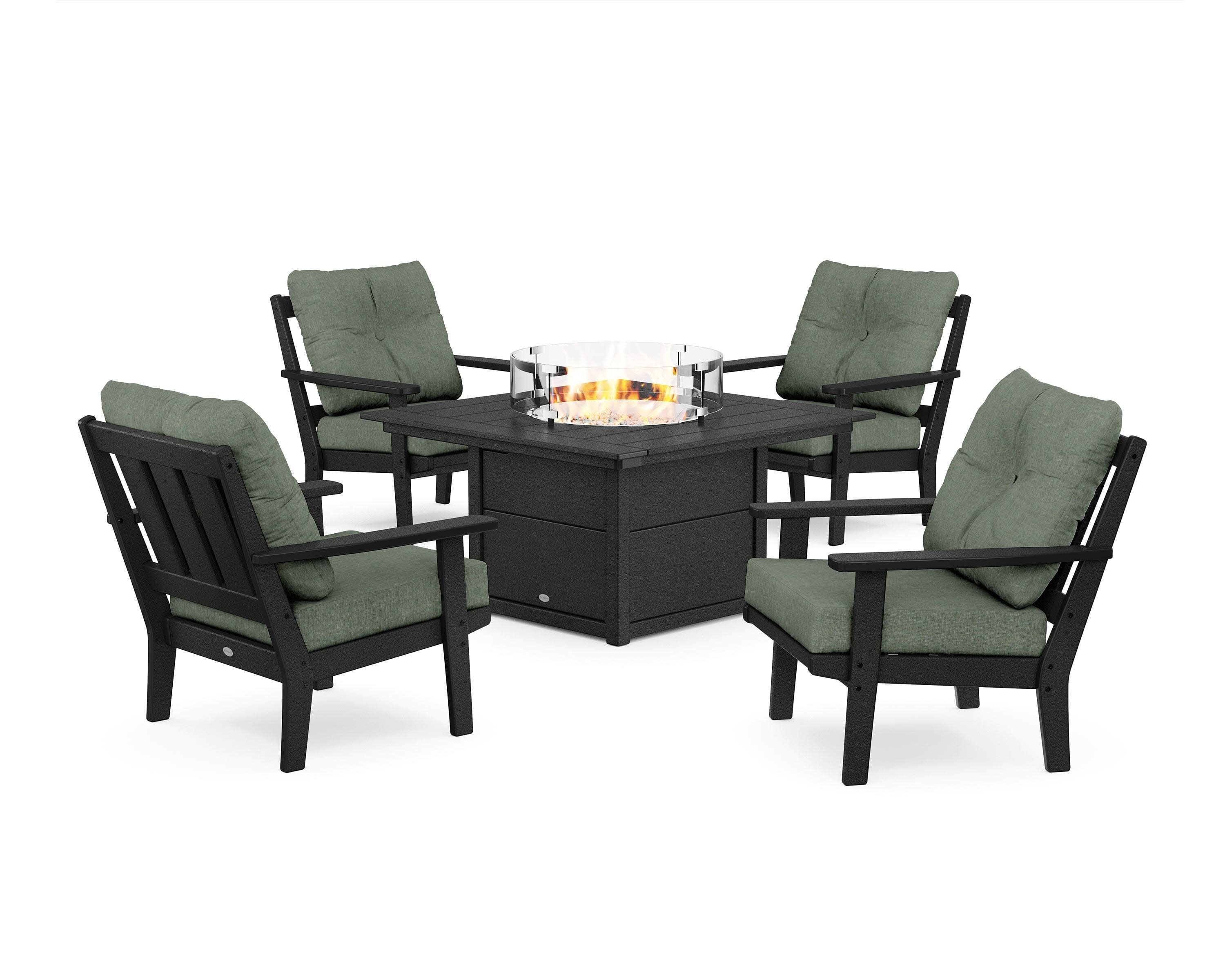 Oxford 5-Piece Deep Seating Set with Fire Pit Table in Black / Cast Sage