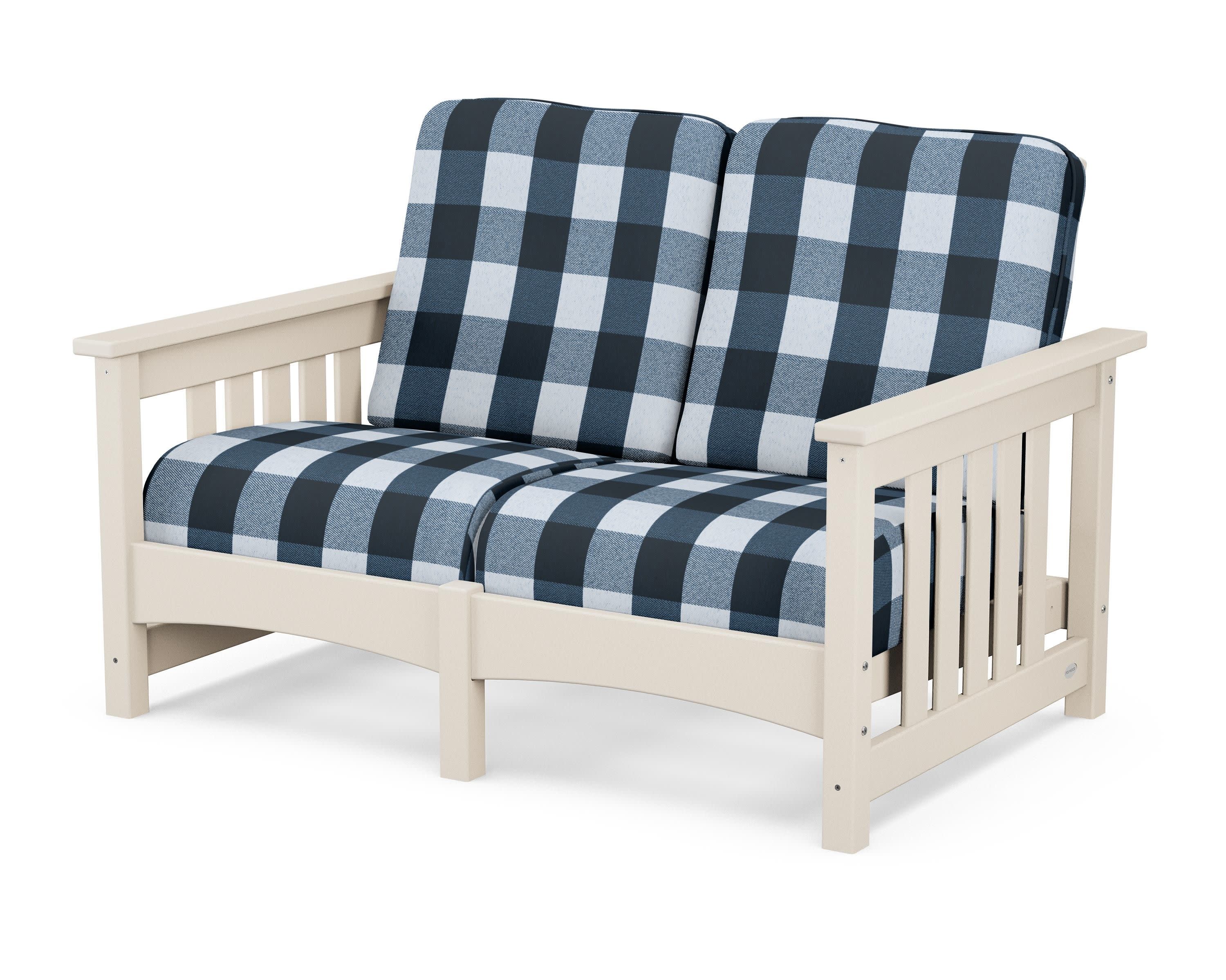 Club Mission Loveseat in Sand / Buffalo Plaid Marine Indigo