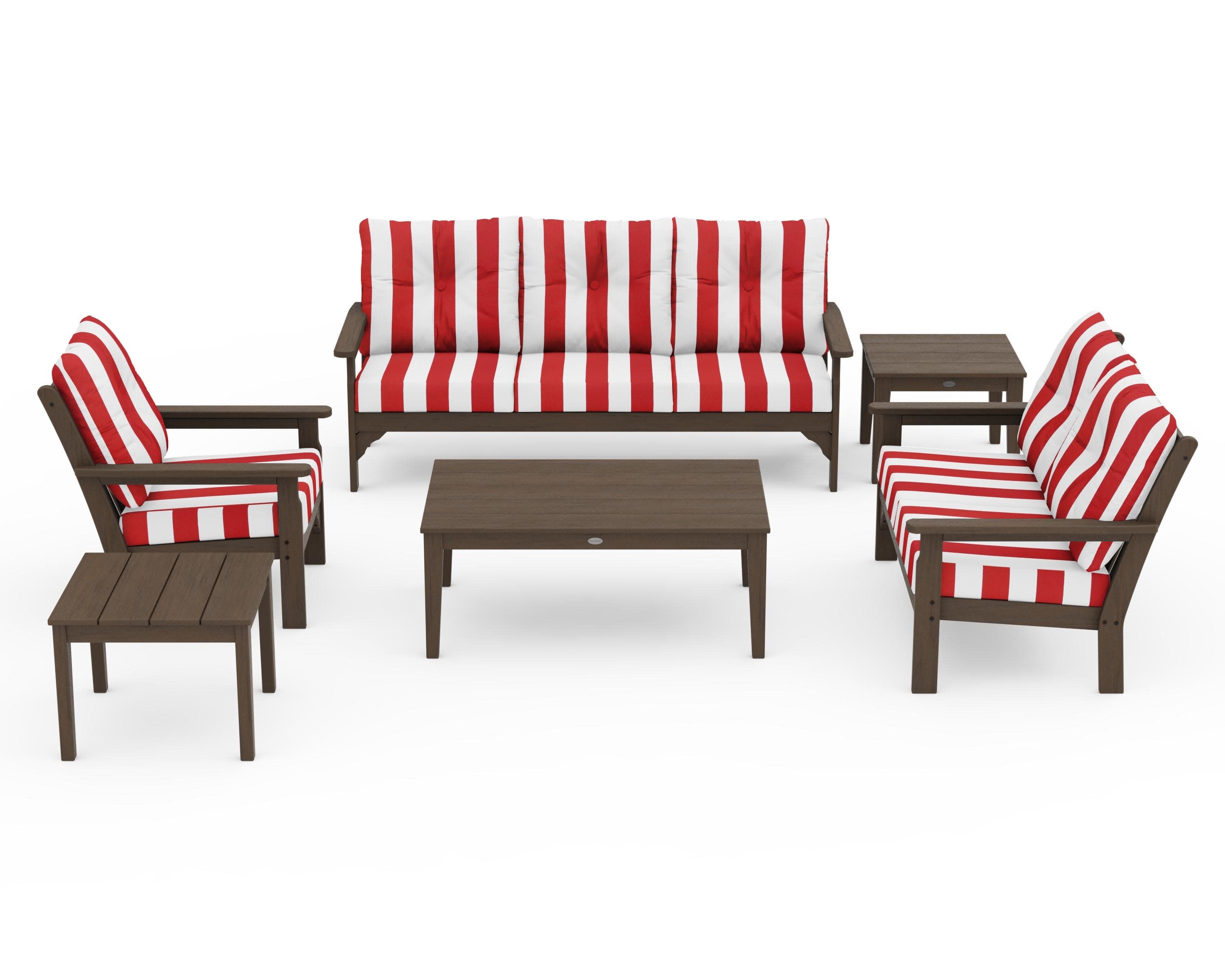 Vineyard 6-Piece Deep Seating Set in Kona / Cabana Stripe Crimson