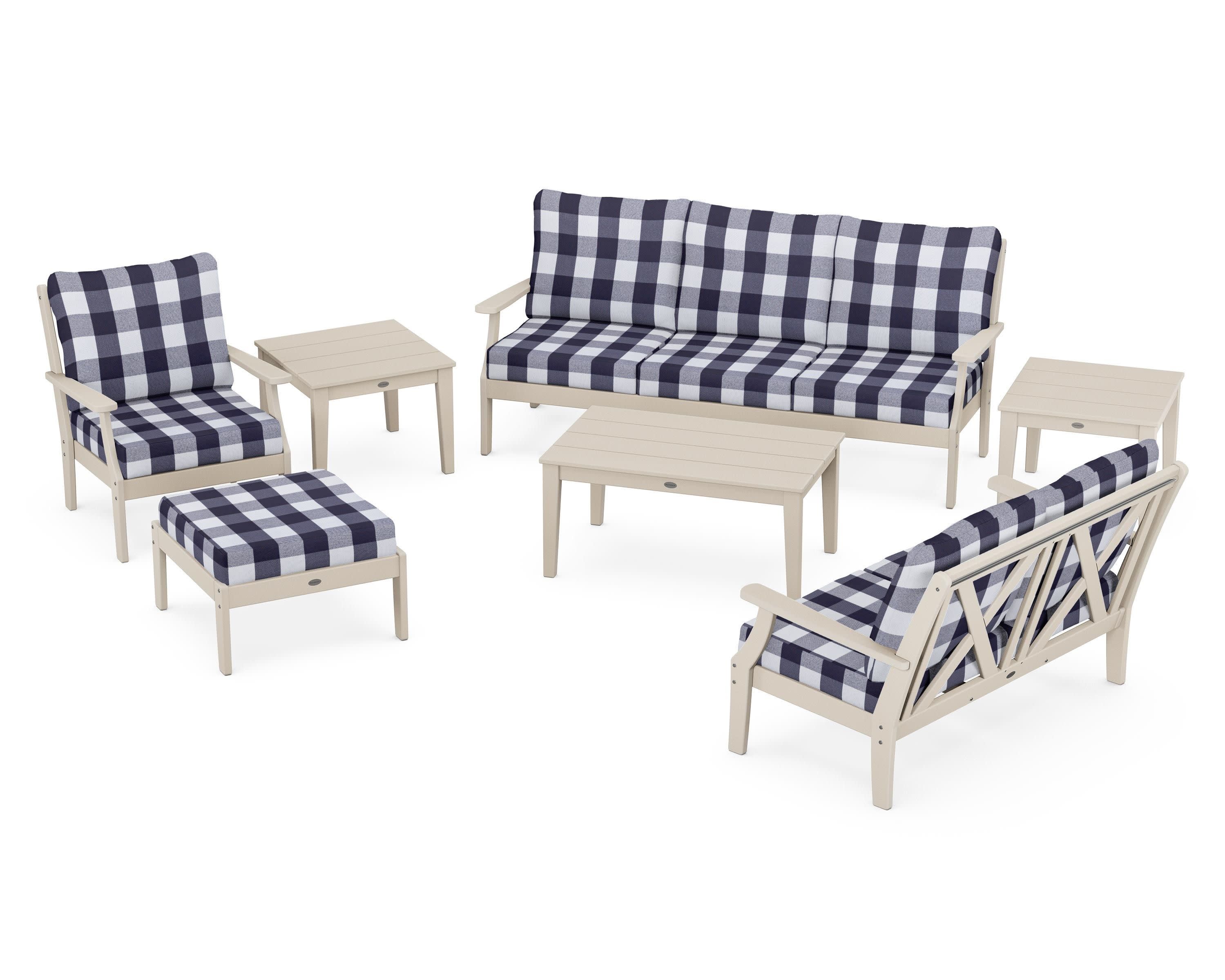 Braxton 7-Piece Deep Seating Set in Sand / Buffalo Plaid Navy