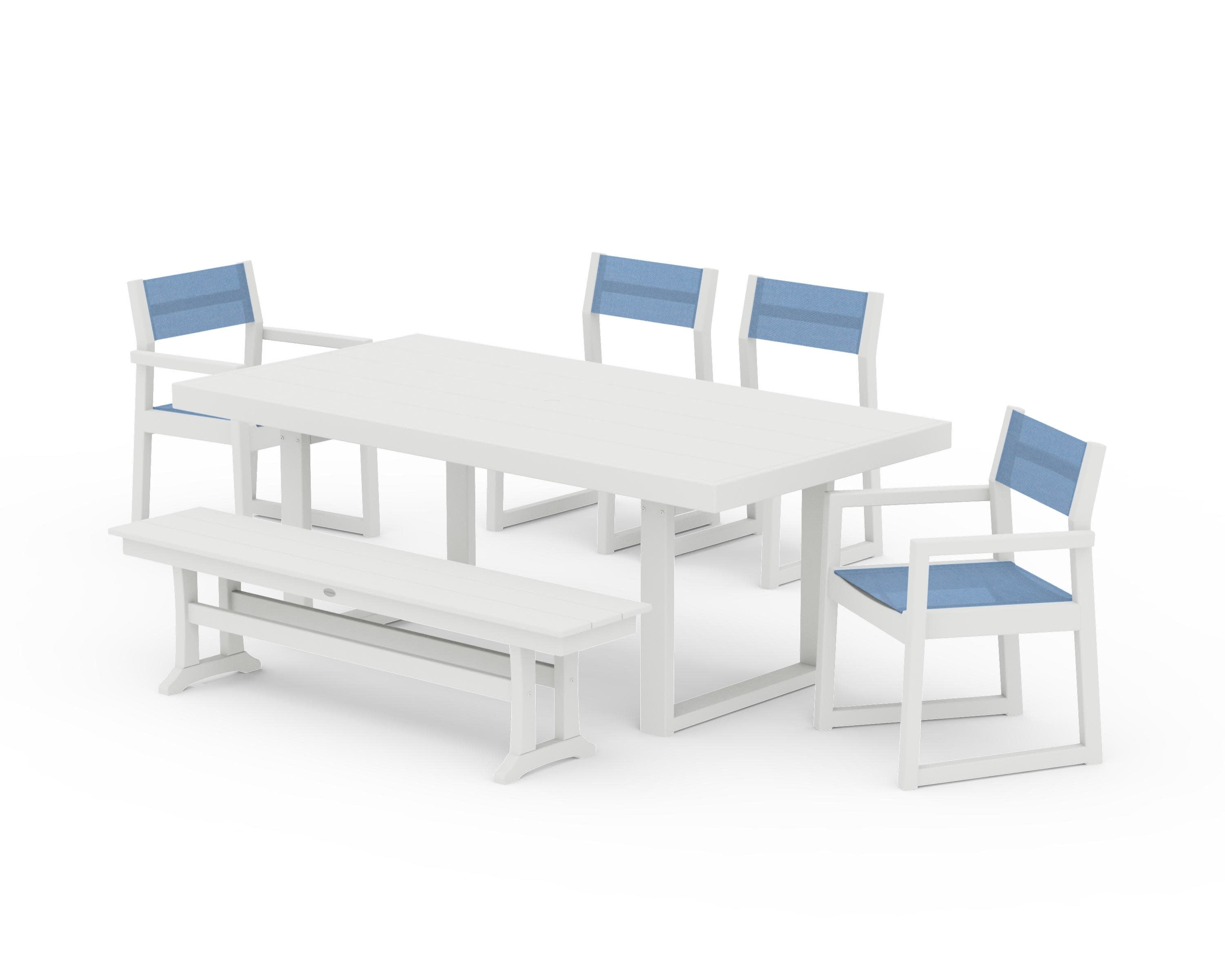 EDGE Sling 6-Piece Dining Set with Bench in Vintage White / Poolside Sling