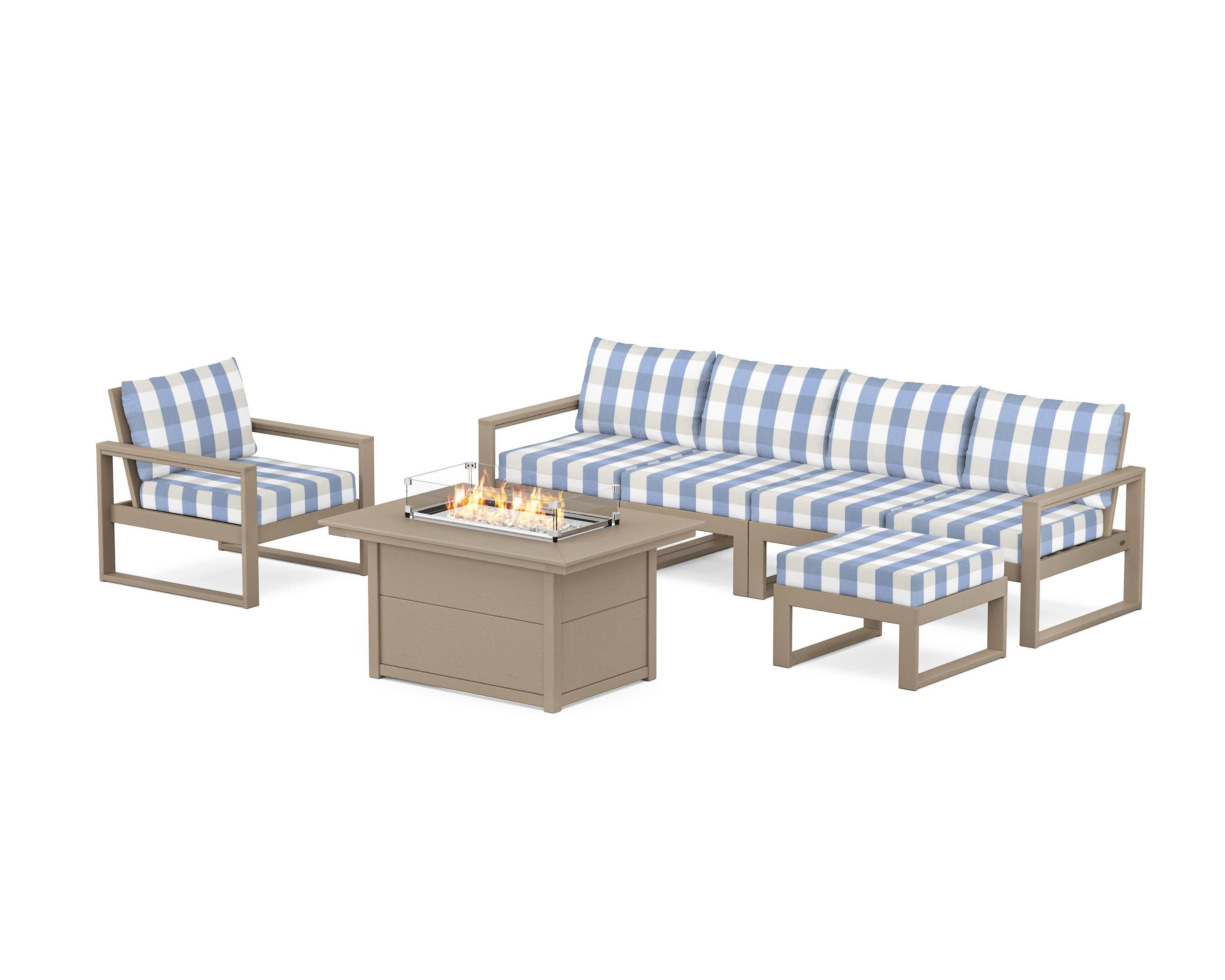 EDGE Sectional Lounge and Fire Pit Set in Vintage Sahara / Buffalo Plaid Sky Blue