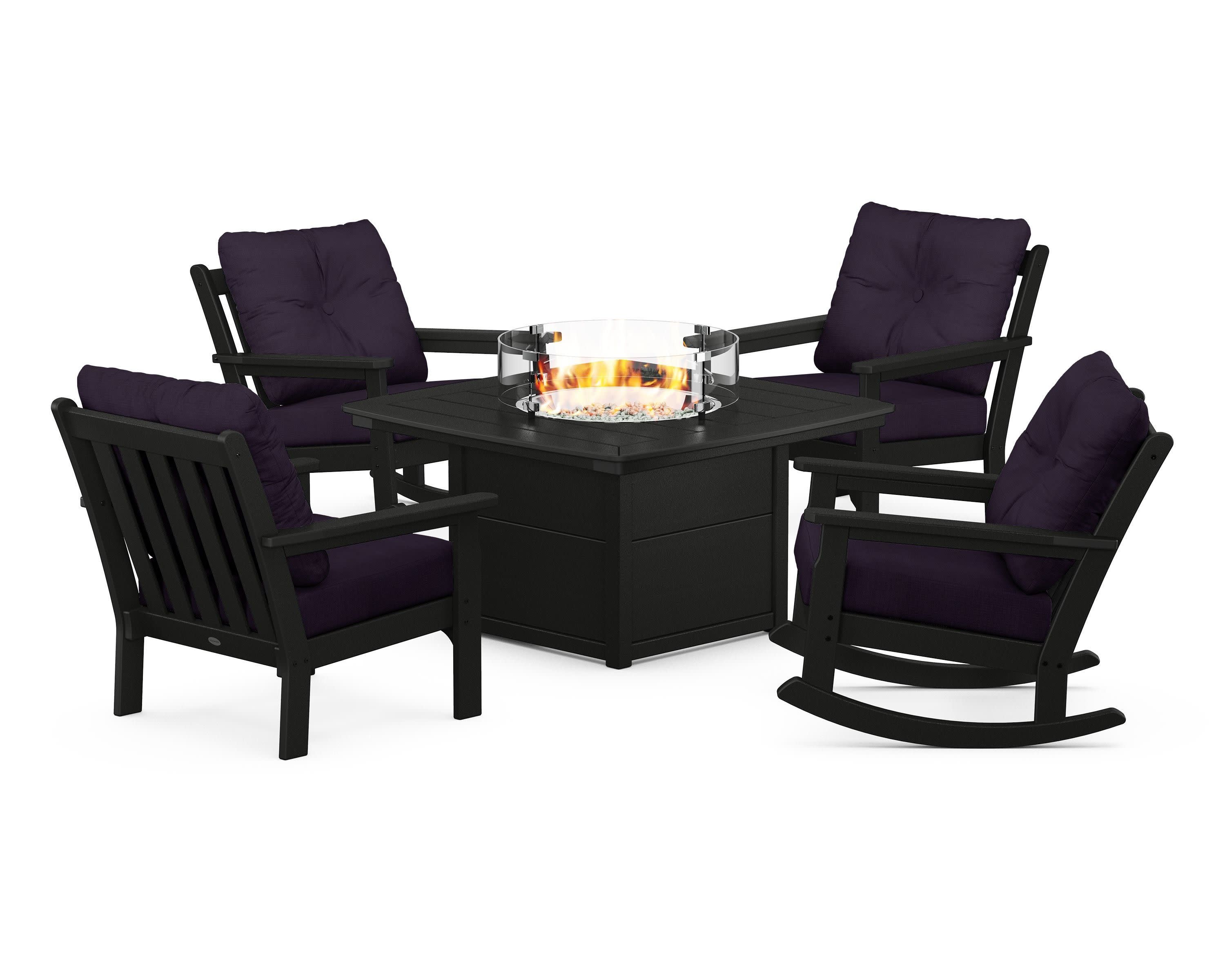 Vineyard 5-Piece Deep Seating Rocking Chair Conversation Set with Fire Pit Table in Black / Navy Linen