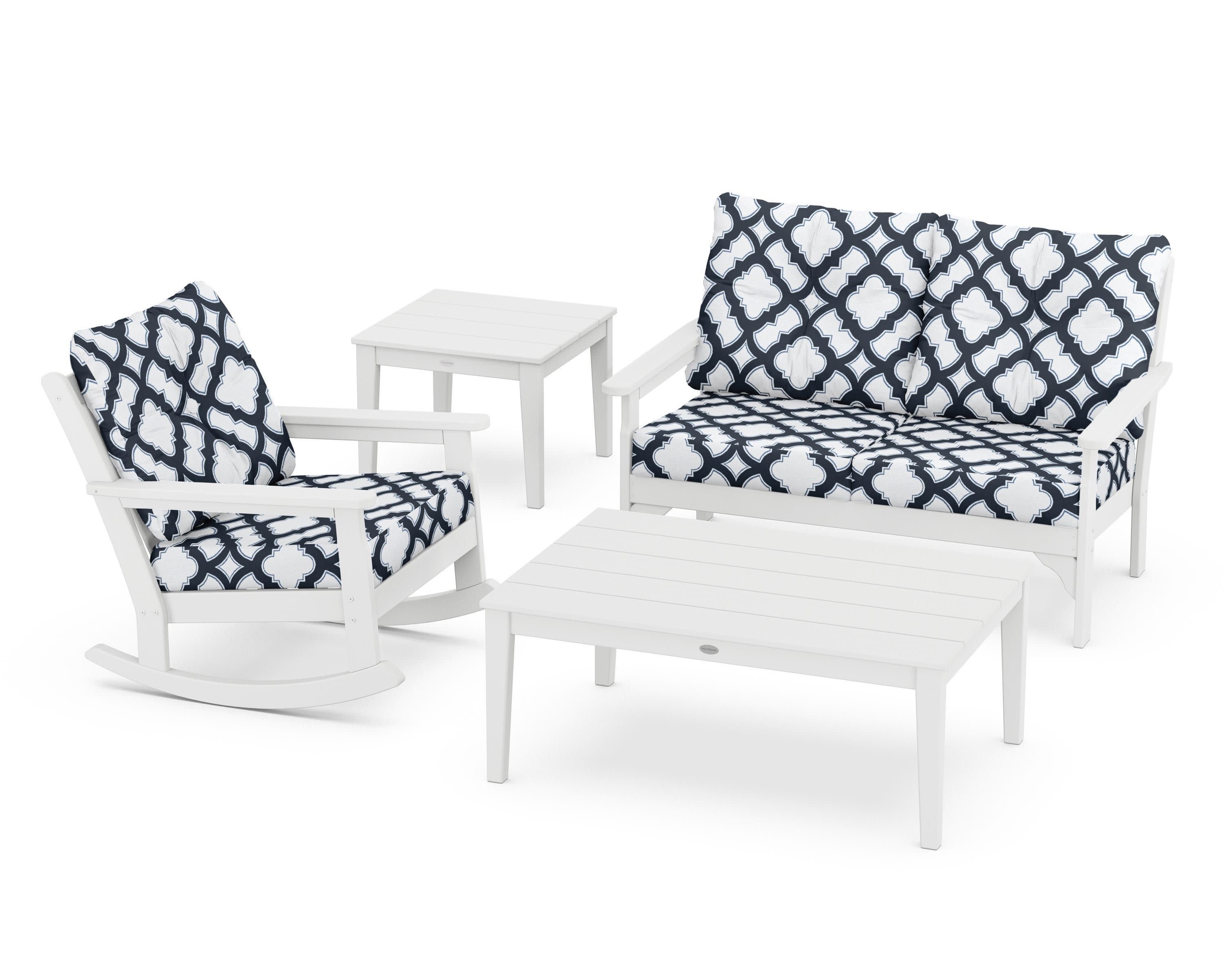 Vineyard 4-Piece Deep Seating Rocker Set in White / Trellis Marine Indigo