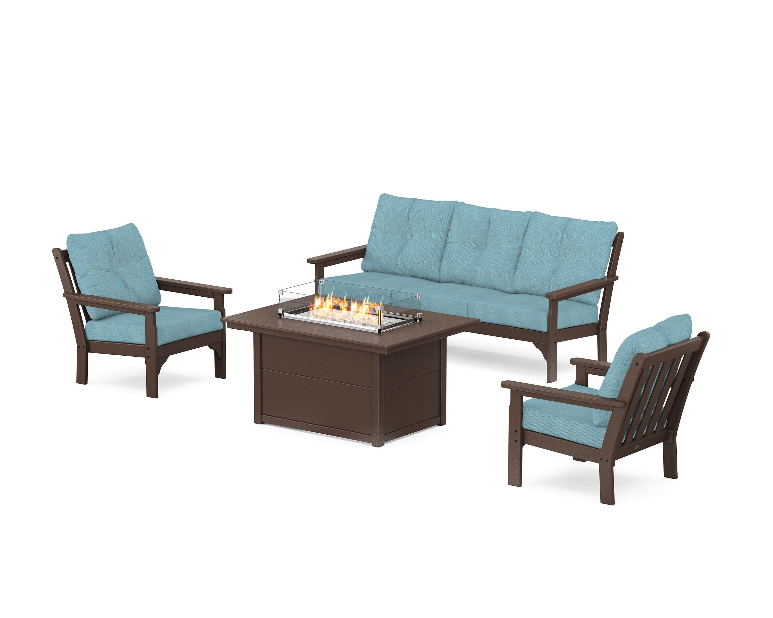 Vineyard Deep Seating Fire Pit Table Set in Mahogany / Lattice Sky Blue
