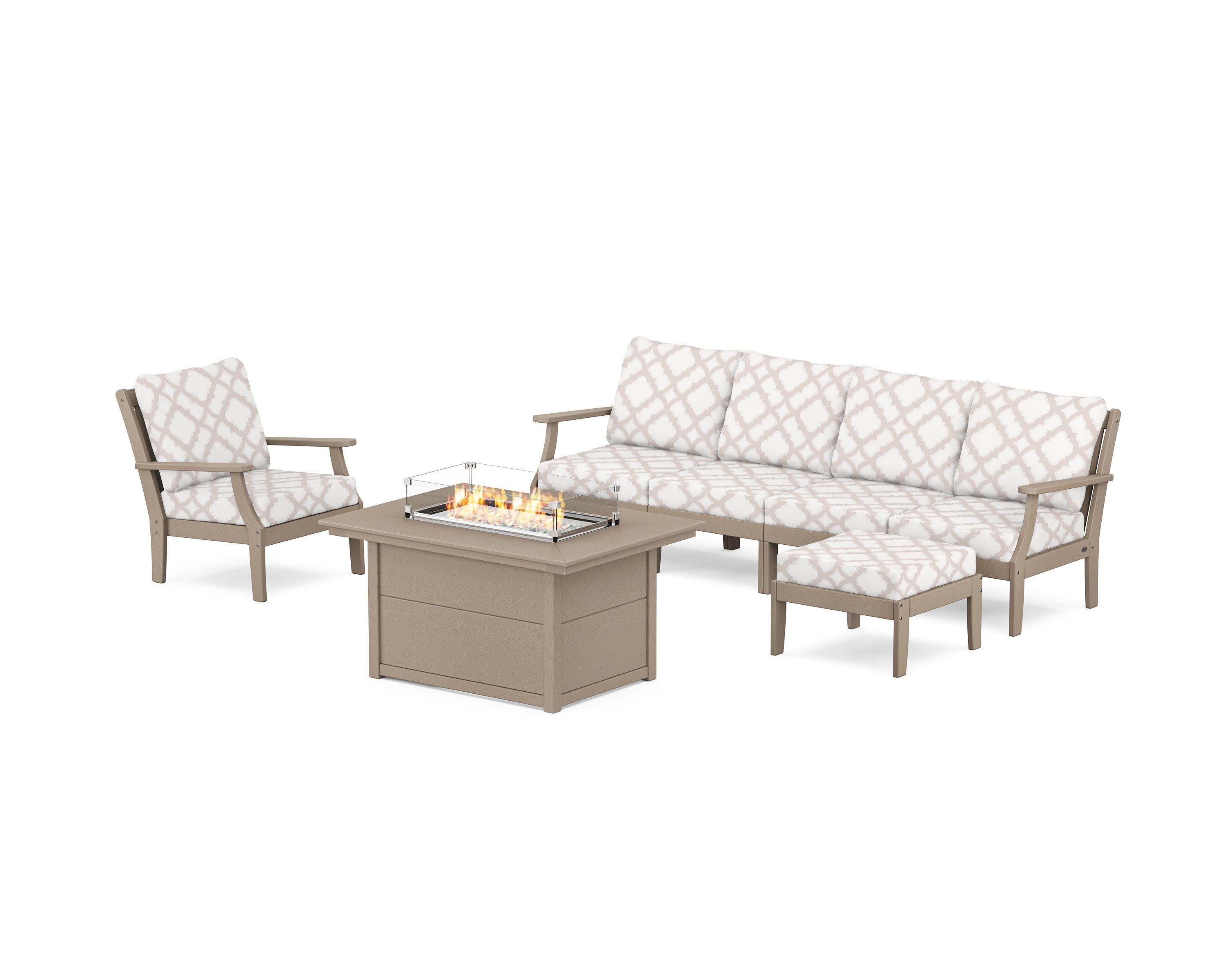 Braxton Sectional Lounge and Fire Pit Set in Vintage Sahara / Trellis Dune Burlap