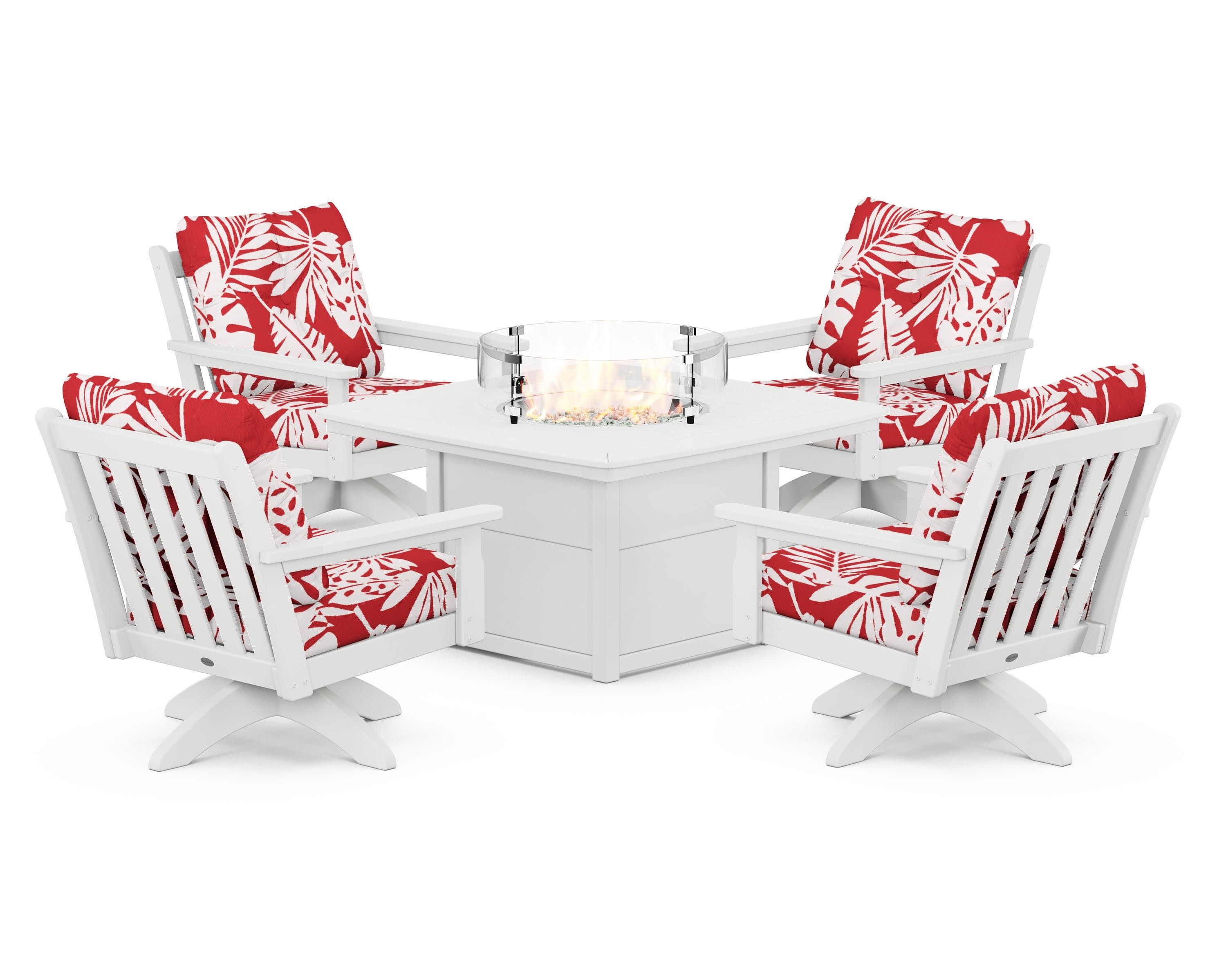 Vineyard 5-Piece Deep Seating Swivel Conversation Set with Fire Pit Table in White / Leaf Crimson