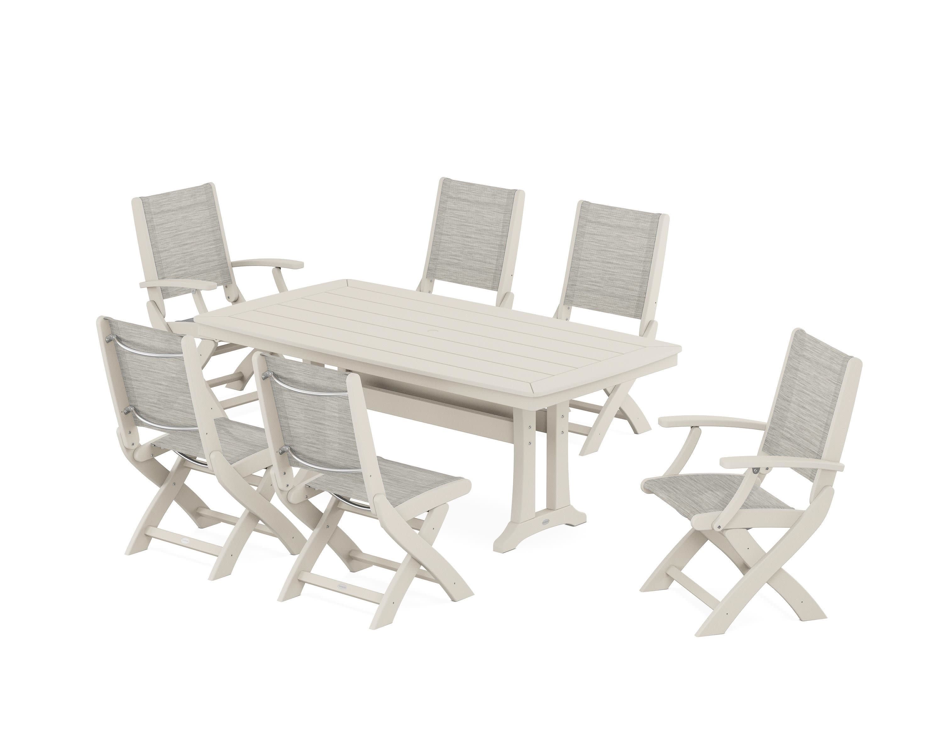 Coastal Folding Chair 7-Piece Dining Set with Trestle Legs in Sand / Birch Sling