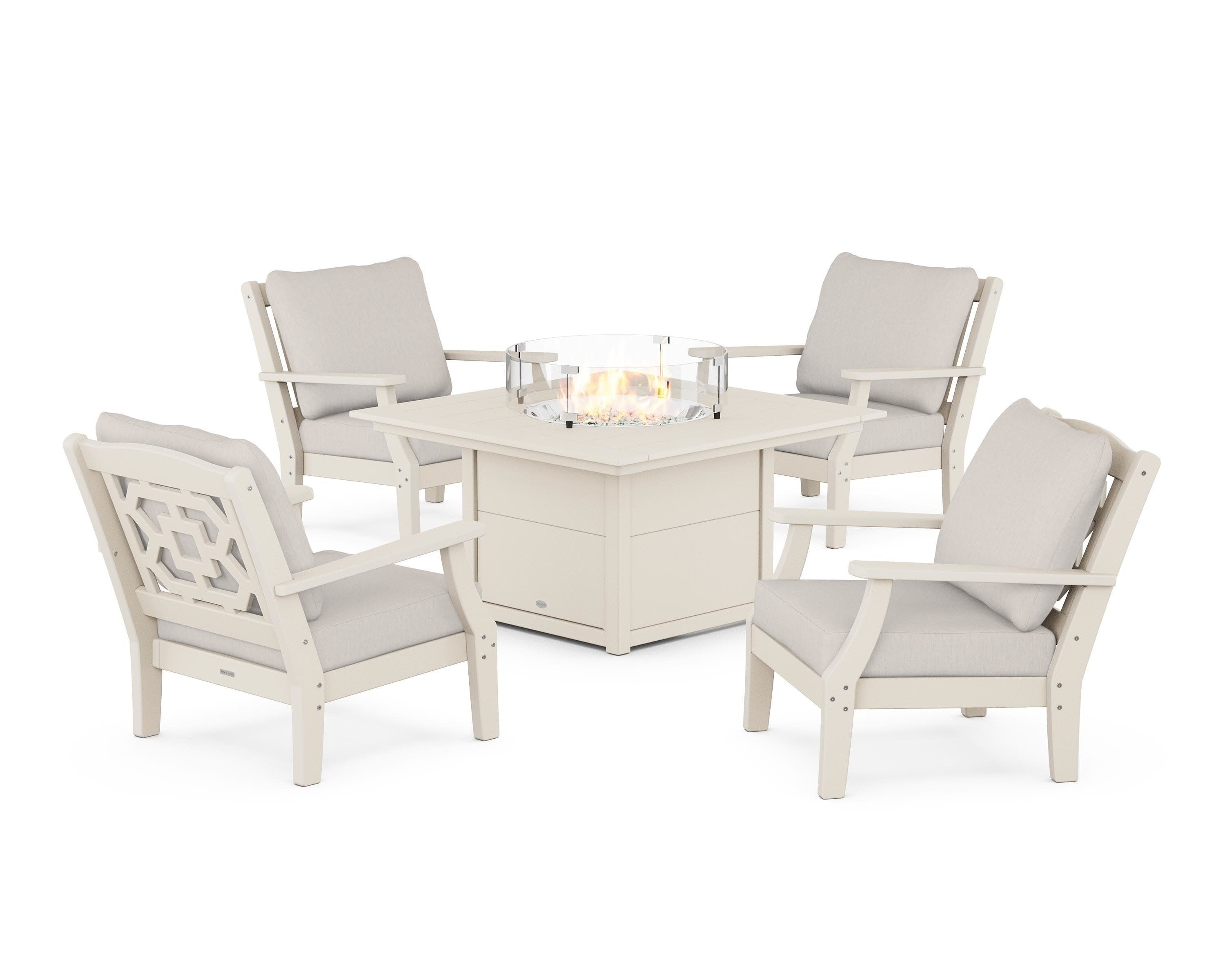 Chinoiserie 5-Piece Deep Seating Set with Fire Pit Table in Sand / Cast Ash