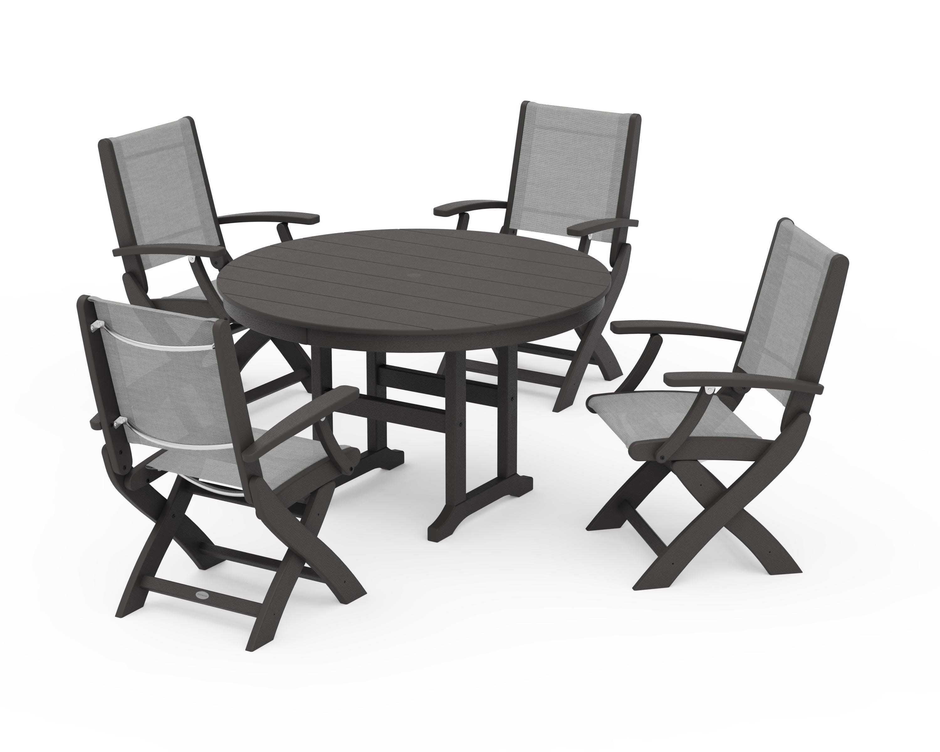 Coastal Folding Chair 5-Piece Round Dining Set in Vintage Coffee / Metallic Sling